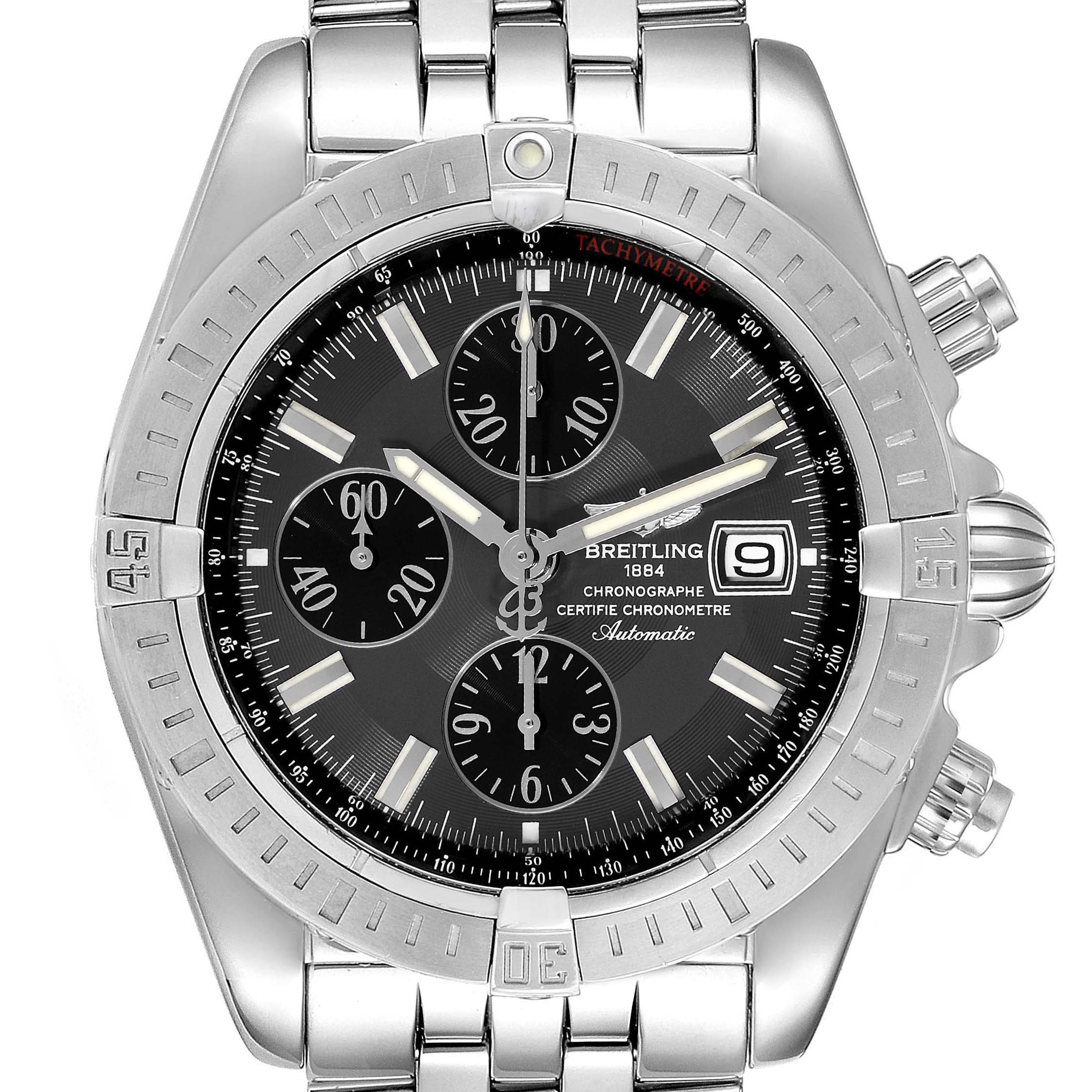 This image shows a front view of the Breitling Chronomat A13356 Men's Stainless Steel Grey Dial A13356 Men's Stainless Steel Grey Dial watch displaying the face, bezel, and part of the band.