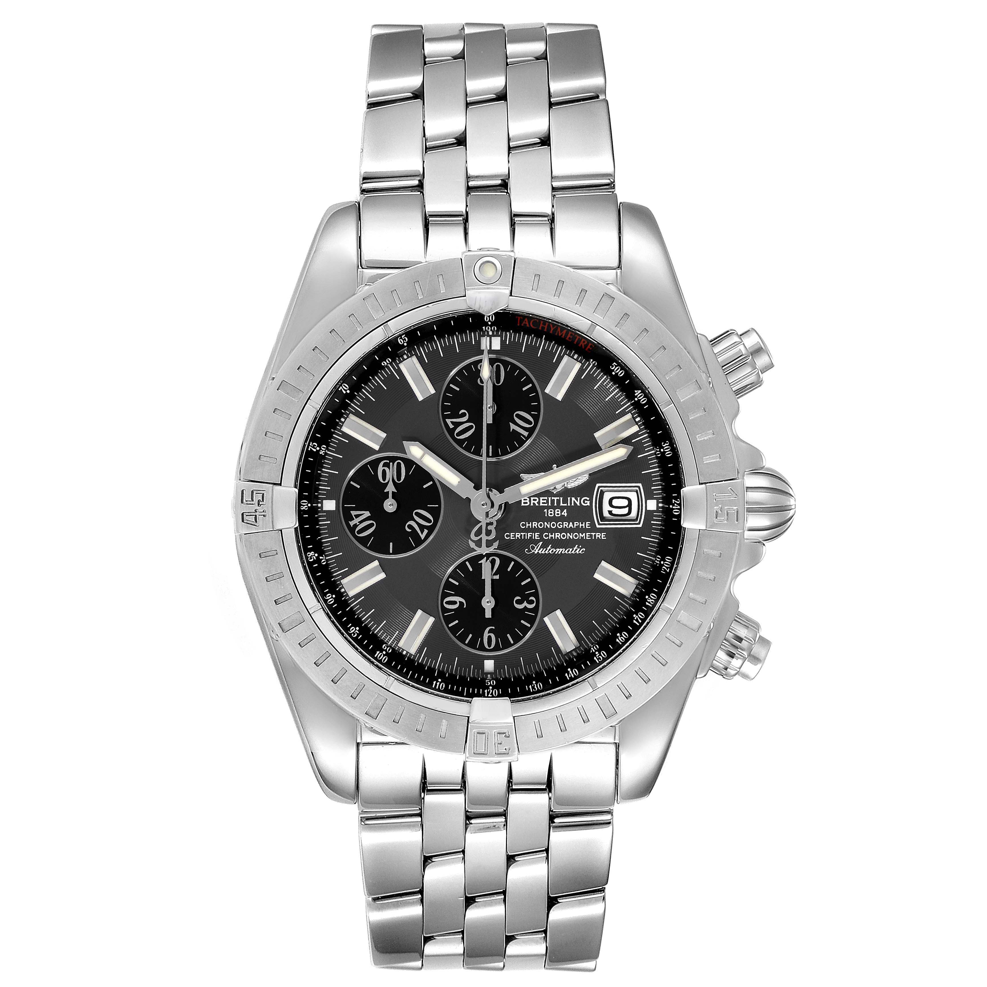 The image shows a front view of a Breitling Chronomat A13356 Men's Stainless Steel Grey Dial A13356 Men's Stainless Steel Grey Dial watch, featuring its face, bezel, and metal bracelet.