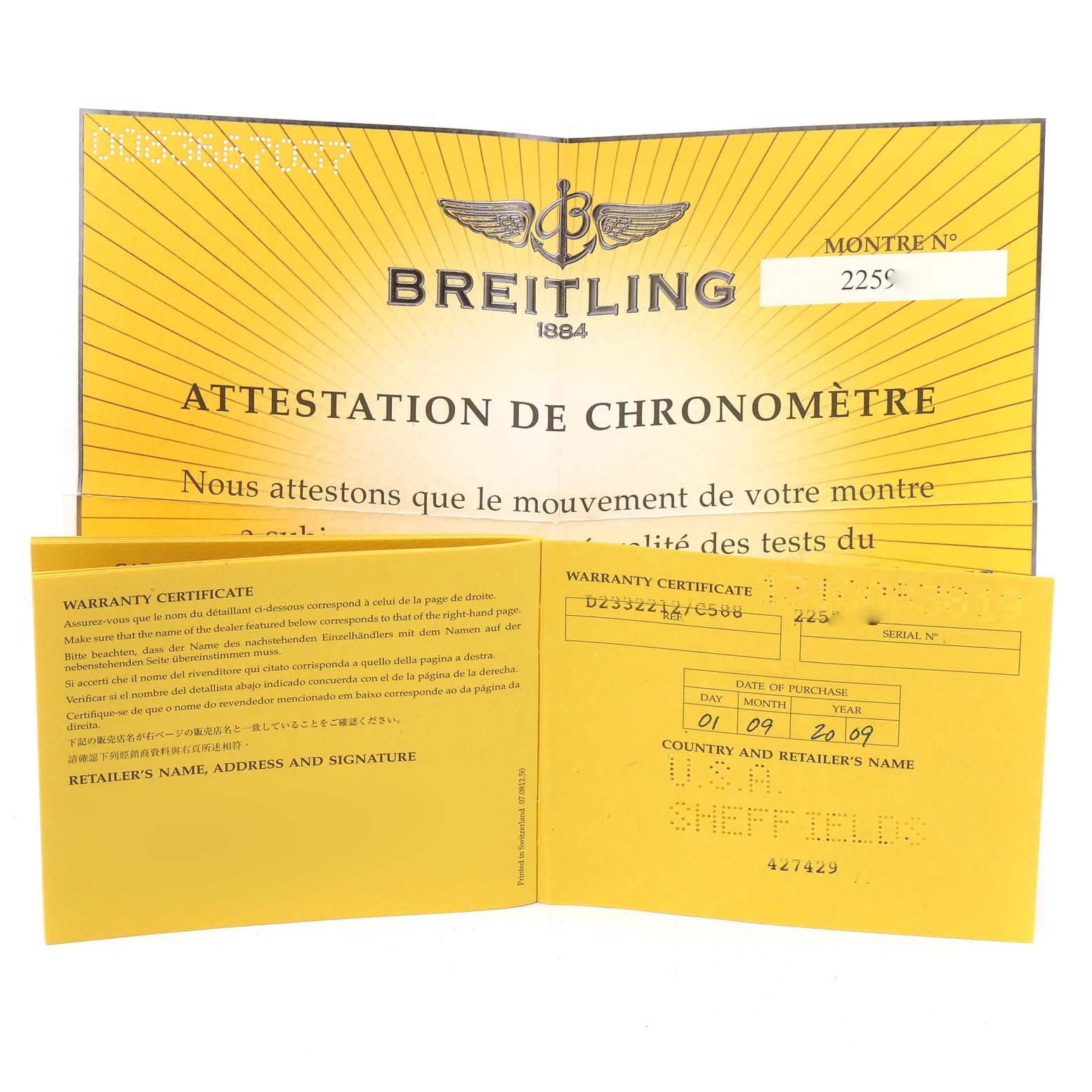 The image shows the warranty certificate and chronometer certificate for a Breitling Navitimer D23322 Men's Steel and Gold (two tone) Blue Dial D23322 Men's Steel and Gold (two tone) Blue Dial watch.
