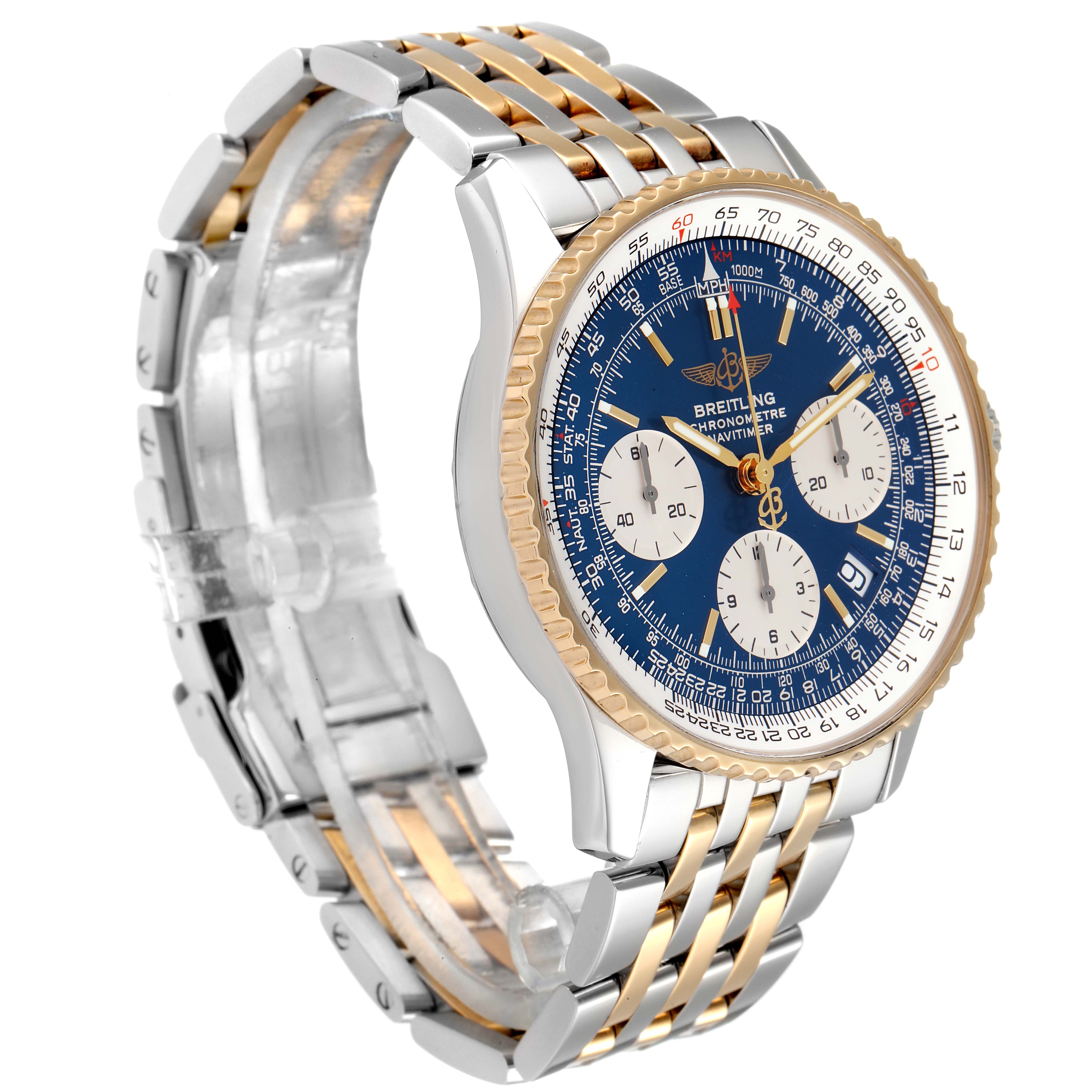 The image shows a Breitling Navitimer D23322 Men's Steel and Gold (two tone) Blue Dial D23322 Men's Steel and Gold (two tone) Blue Dial watch at a three-quarter angle, highlighting its blue dial, gold bezel, and two-tone bracelet.
