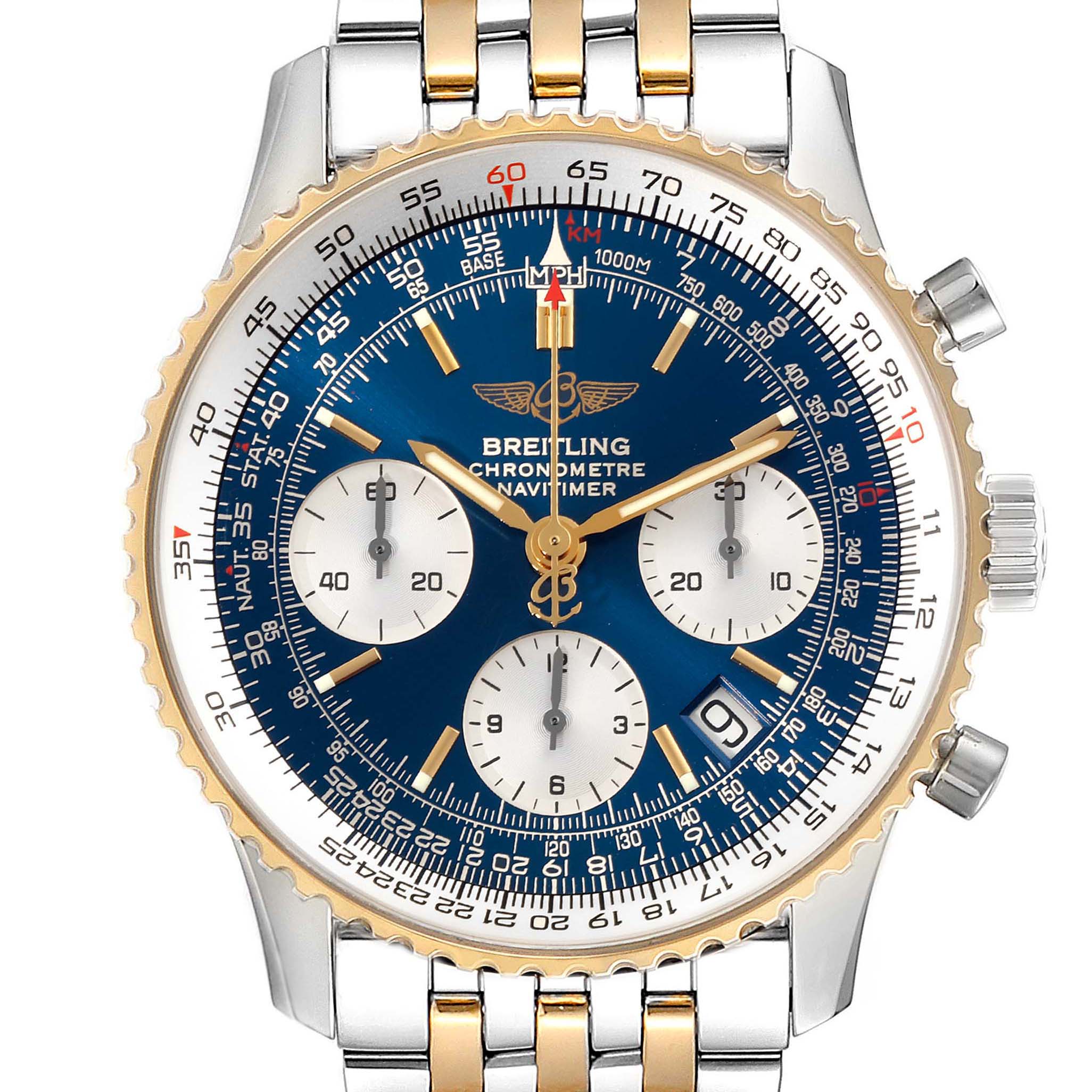 This image shows a front view of a Breitling Navitimer D23322 Men's Steel and Gold (two tone) Blue Dial D23322 Men's Steel and Gold (two tone) Blue Dial watch featuring a blue dial and a two-tone metal band.