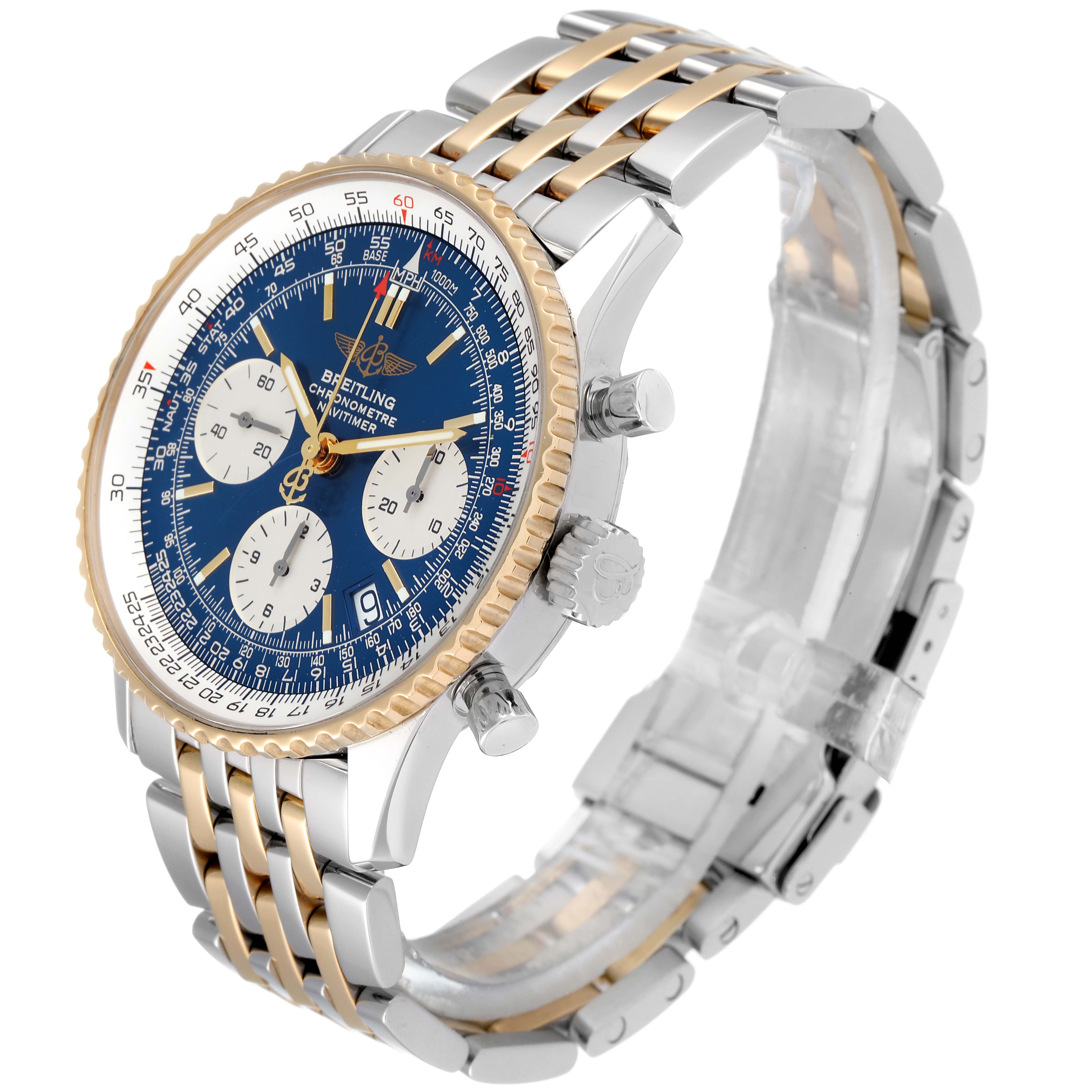 The image shows a side angle of a Breitling Navitimer D23322 Men's Steel and Gold (two tone) Blue Dial D23322 Men's Steel and Gold (two tone) Blue Dial watch highlighting the two-toned bracelet, blue dial, and multiple chronograph sub-dials.