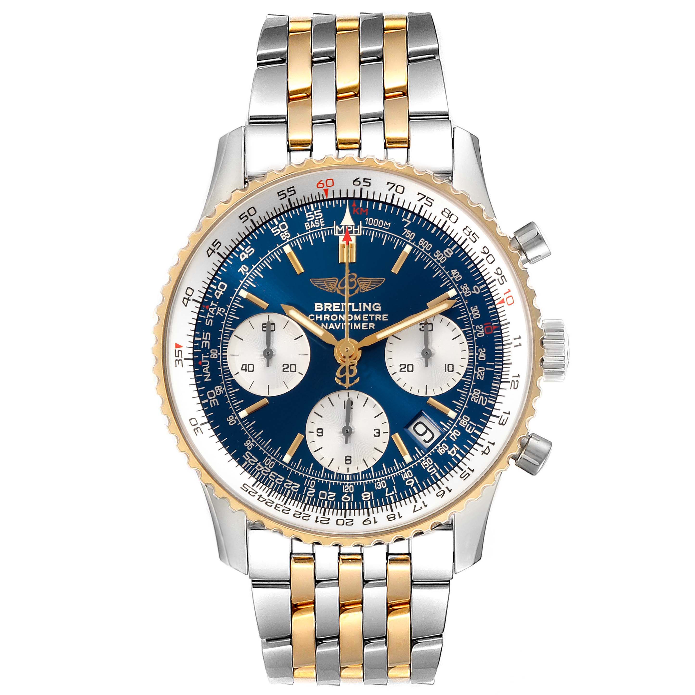 This image shows a frontal view of a Breitling Navitimer D23322 Men's Steel and Gold (two tone) Blue Dial D23322 Men's Steel and Gold (two tone) Blue Dial watch with a two-tone metal strap and a blue dial.