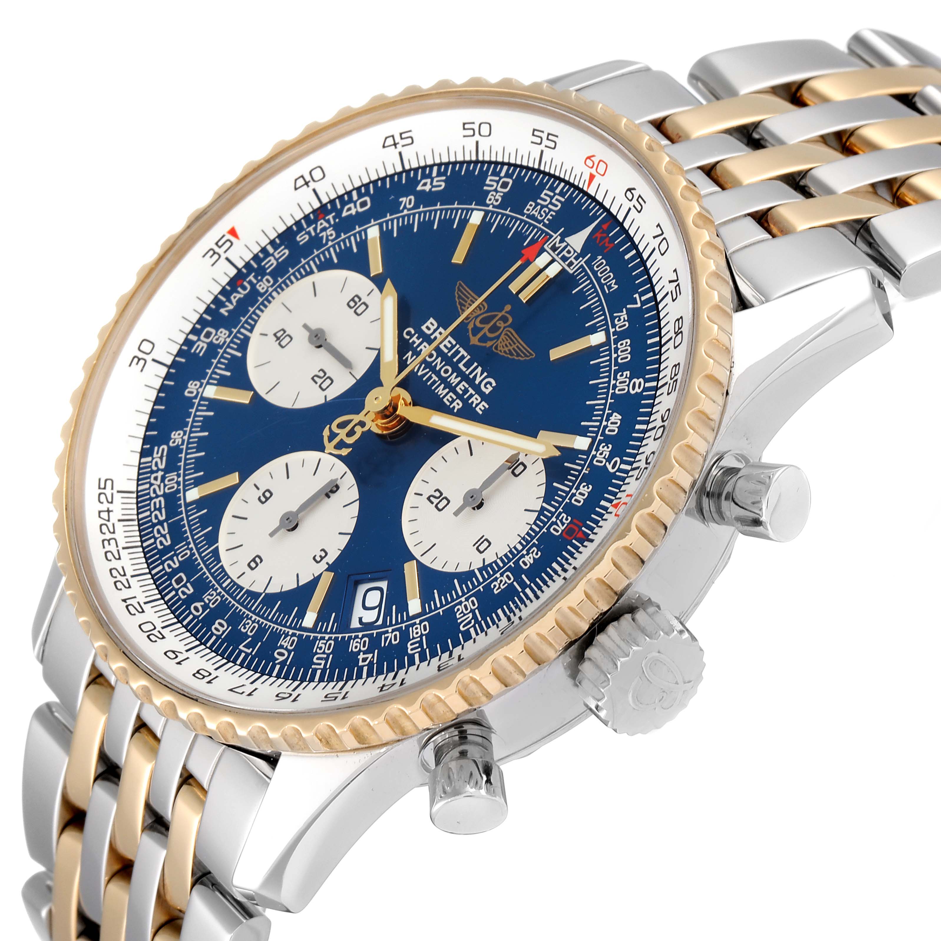 This image shows a slight side angle of the Breitling Navitimer D23322 Men's Steel and Gold (two tone) Blue Dial D23322 Men's Steel and Gold (two tone) Blue Dial, highlighting the dial, bezel, crown, pushers, and part of the bracelet.