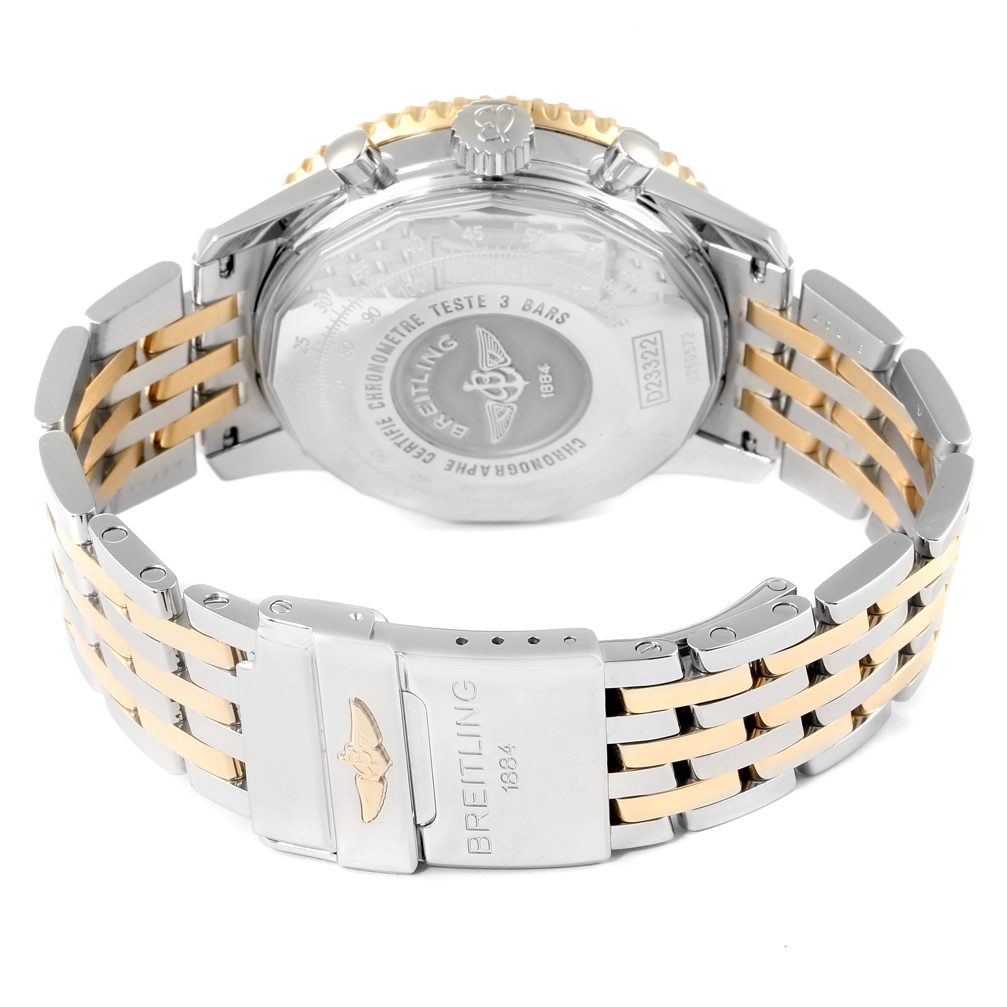 The image shows the back case and bracelet of a Breitling Navitimer D23322 Men's Steel and Gold (two tone) Blue Dial D23322 Men's Steel and Gold (two tone) Blue Dial watch at an angle highlighting the clasp and case back details.