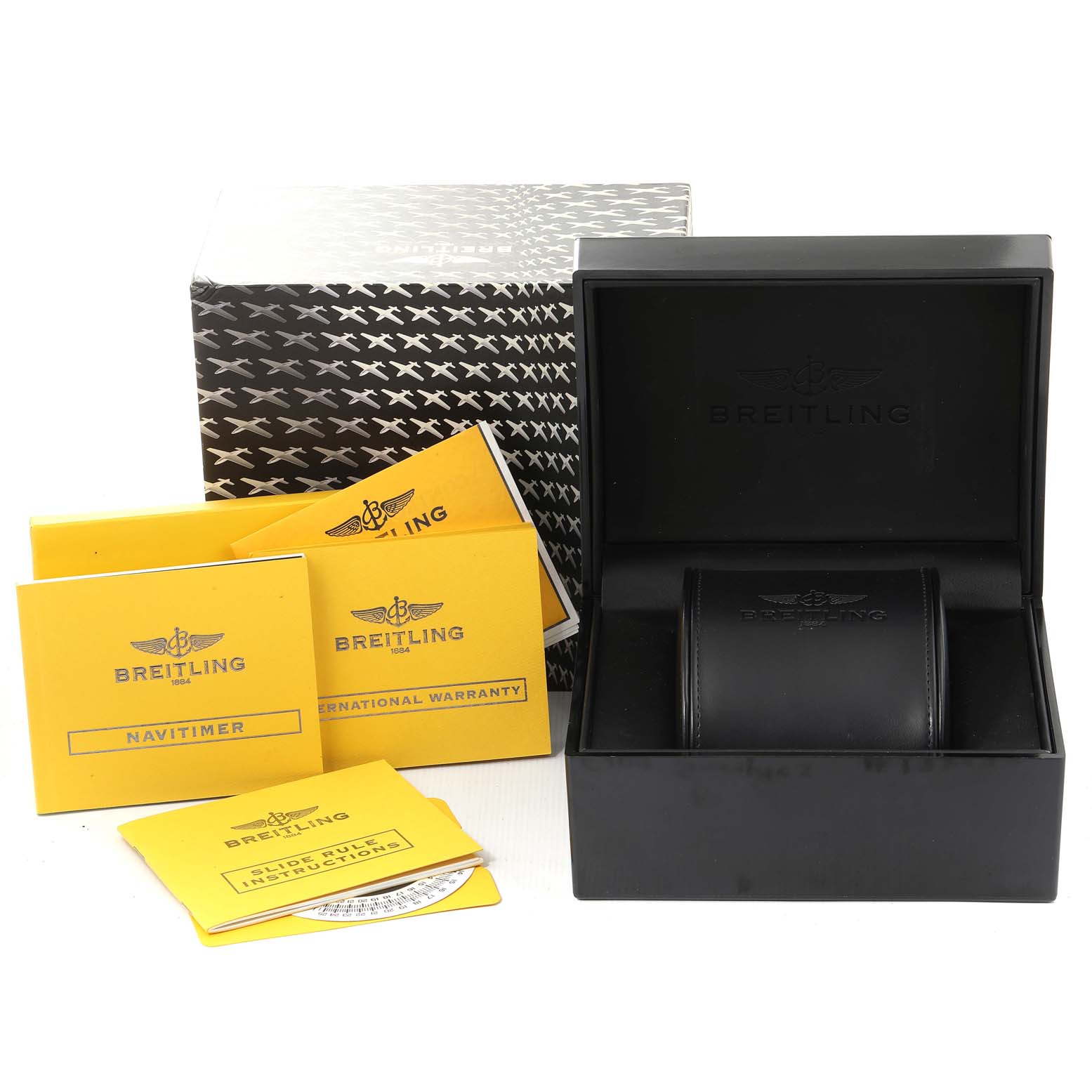 The image shows a Breitling Navitimer D23322 Men's Steel and Gold (two tone) Blue Dial D23322 Men's Steel and Gold (two tone) Blue Dial watch box, instruction manuals, warranty card, and outer packaging from a front angle.