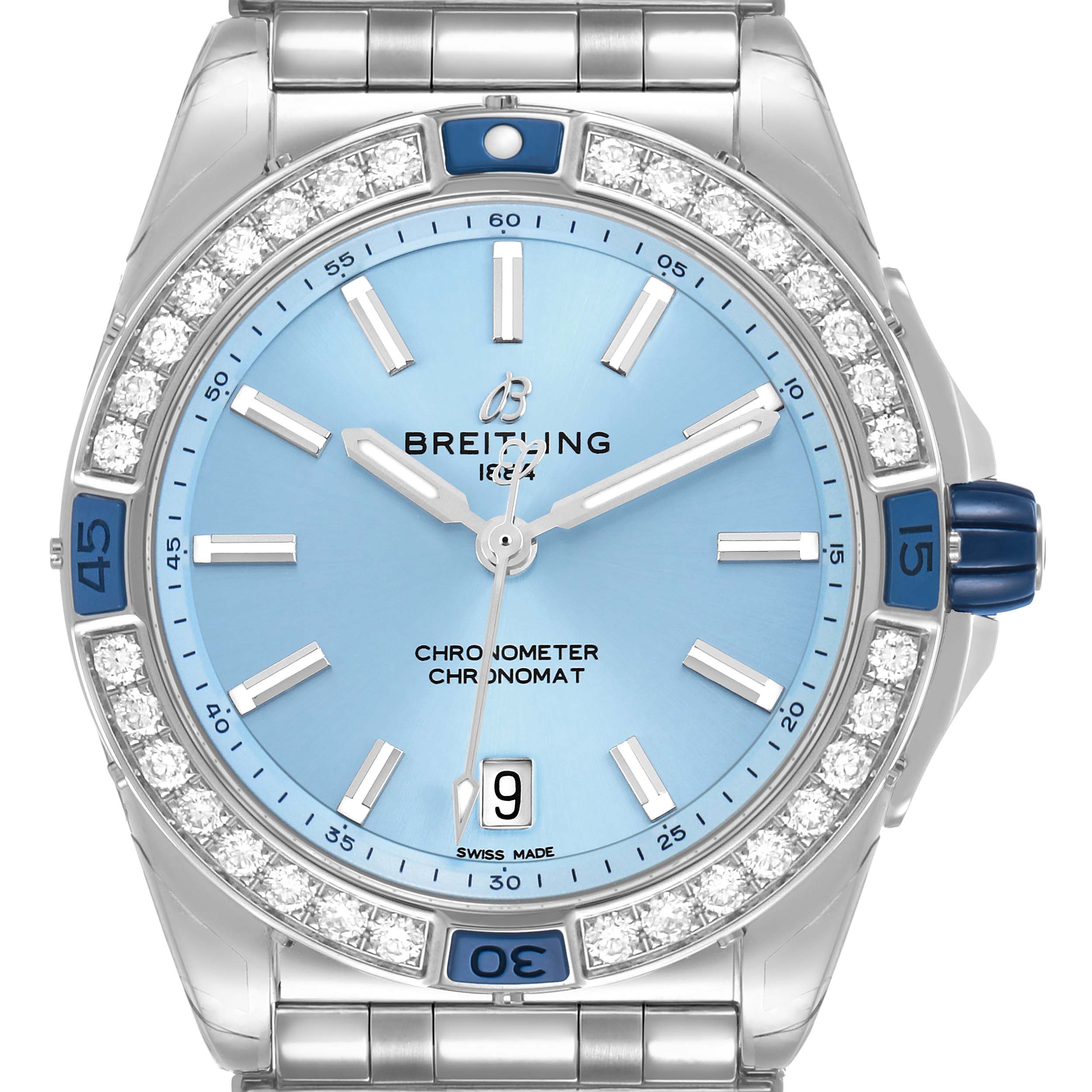 The Breitling A17356 Women's Stainless Steel Blue Dial Super Chronomat A17356 is shown from the front, highlighting its blue dial, diamond bezel, and steel case.