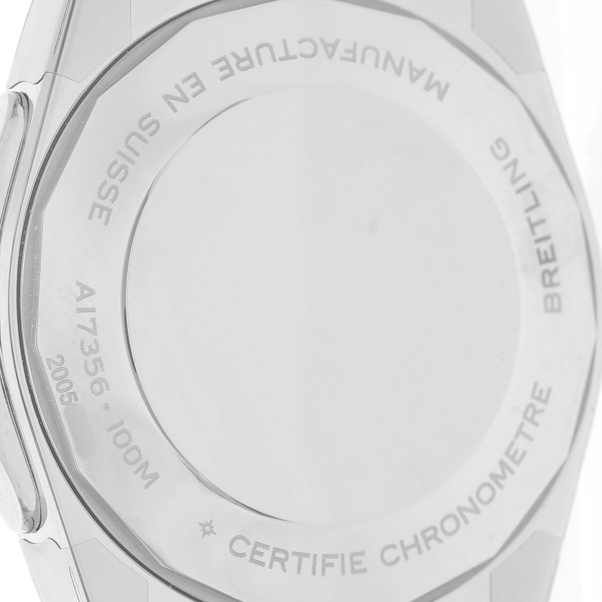 The image shows the back of the Breitling A17356 Women's Stainless Steel Blue Dial Super Chronomat Blue Dial Steel Diamond Ladies Watch A17356, highlighting the case back details.