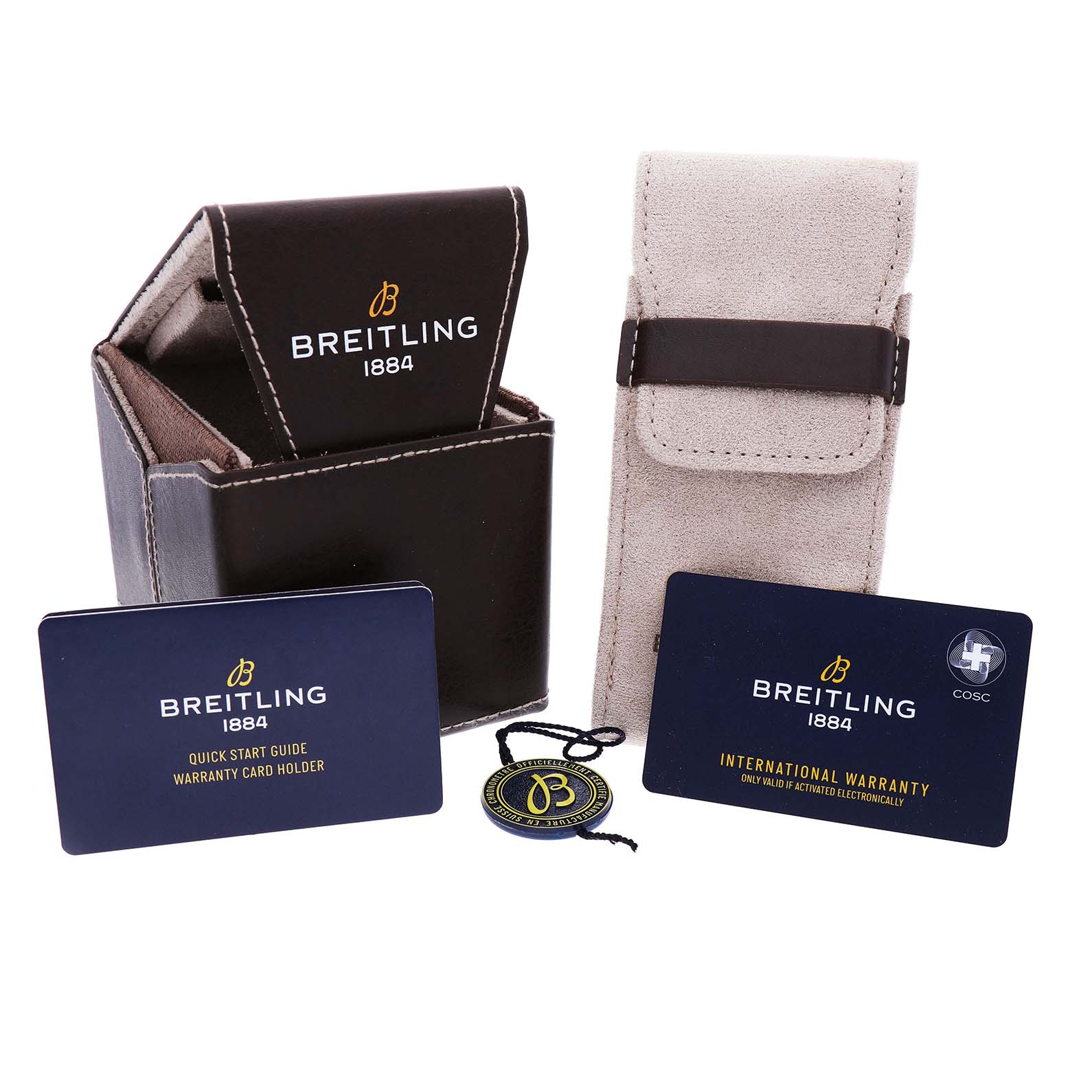 The image shows accessories for the Breitling A17356 Women's Stainless Steel Blue Dial Super Chronomat Blue Dial Steel Diamond Ladies Watch A17356, including a box, pouch, cards, and tag.