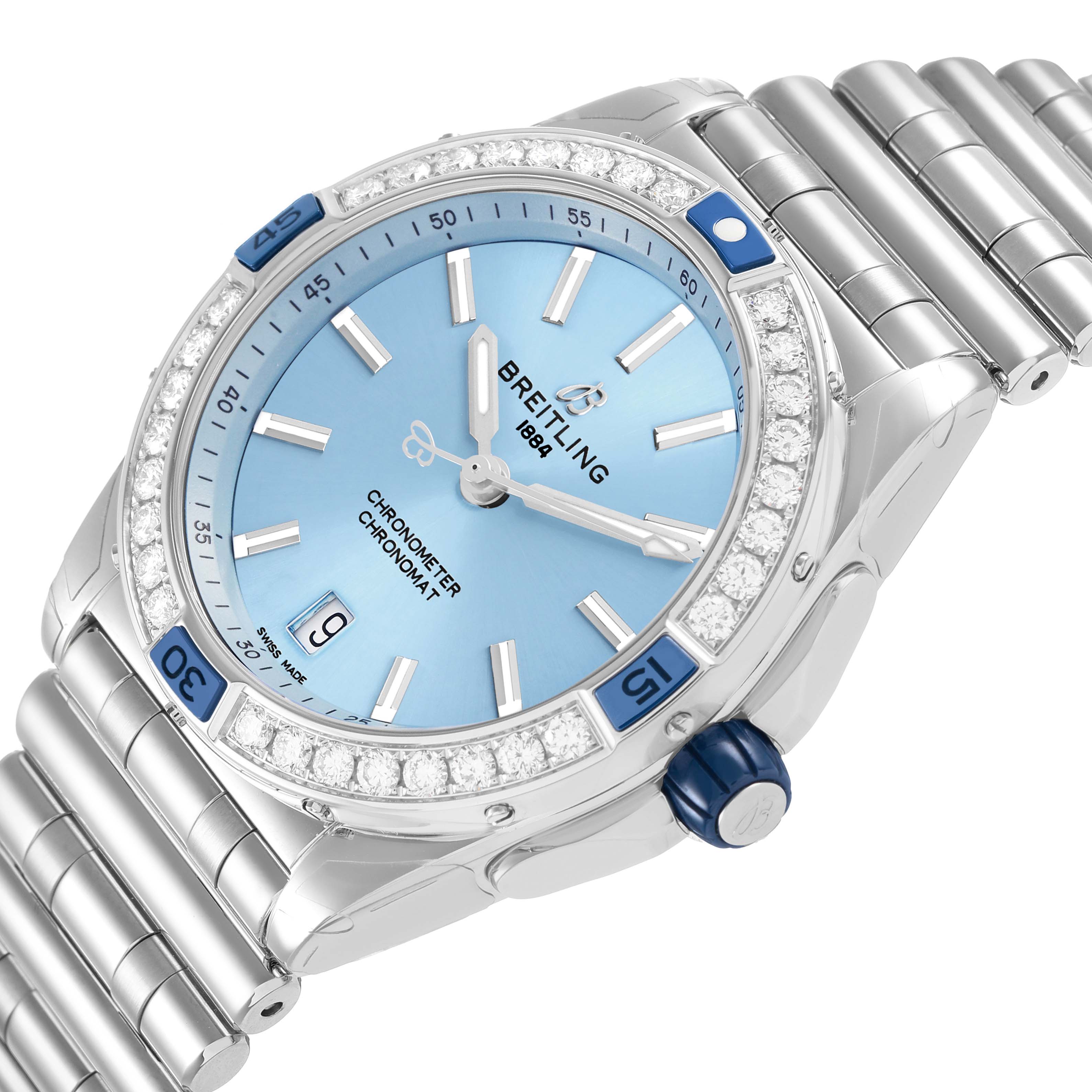 The Breitling A17356 Women's Stainless Steel Blue Dial Super Chronomat Blue Dial Steel Diamond Ladies Watch A17356 is shown at an angled view, highlighting the dial, bezel, and bracelet.