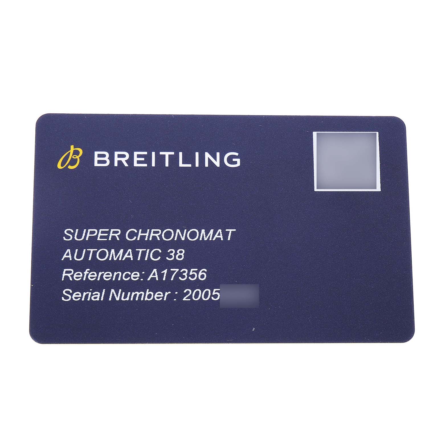 The image shows an identification card for the Breitling A17356 Women's Stainless Steel Blue Dial Super Chronomat Automatic 38, model A17356.