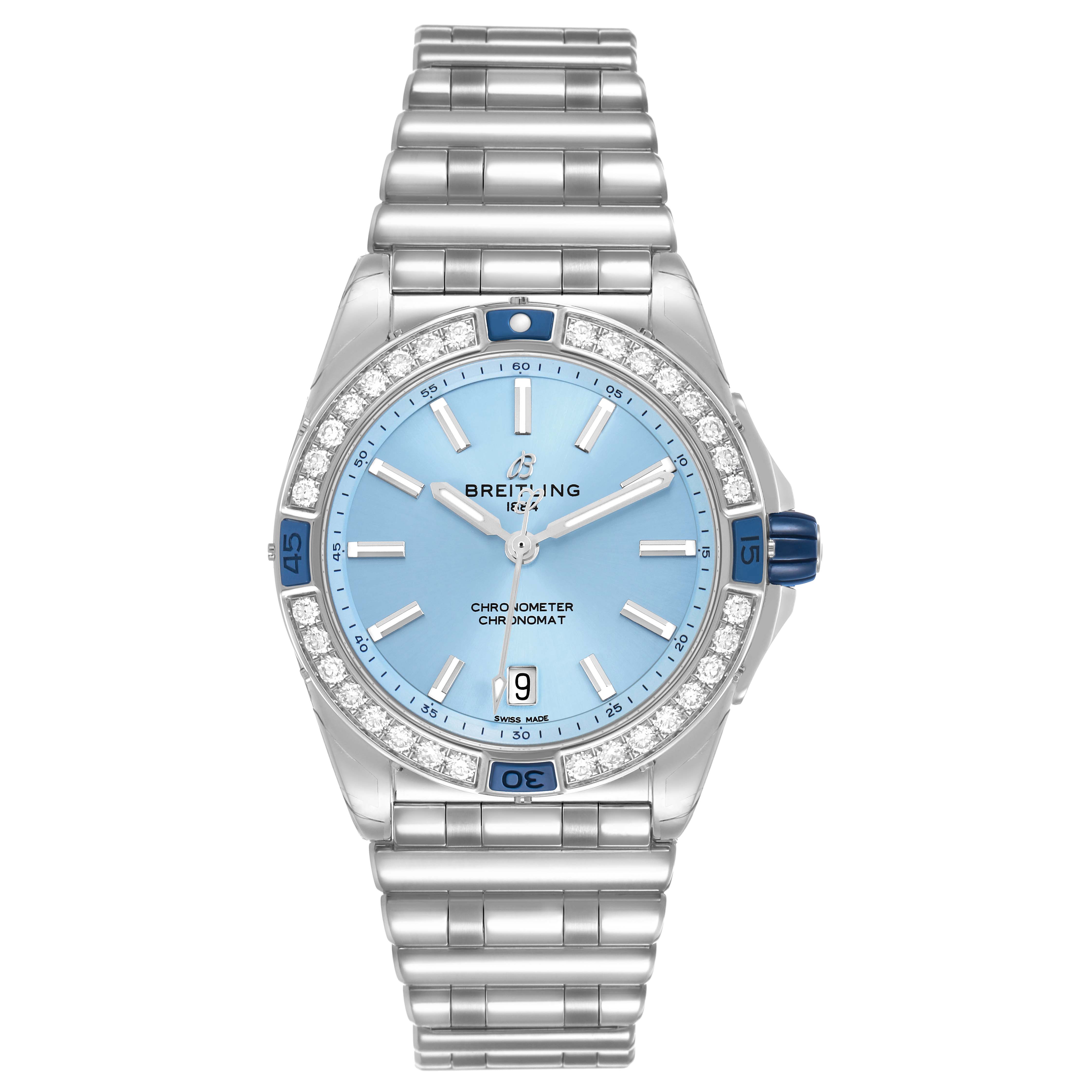 The Breitling A17356 Women's Stainless Steel Blue Dial Super Chronomat A17356 is shown from the front, highlighting its blue dial, diamond bezel, and steel bracelet.