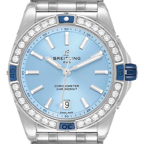 The Breitling A17356 Women's Stainless Steel Blue Dial Super Chronomat Blue Dial A17356 is shown from a front angle, showcasing the diamond bezel and blue dial.