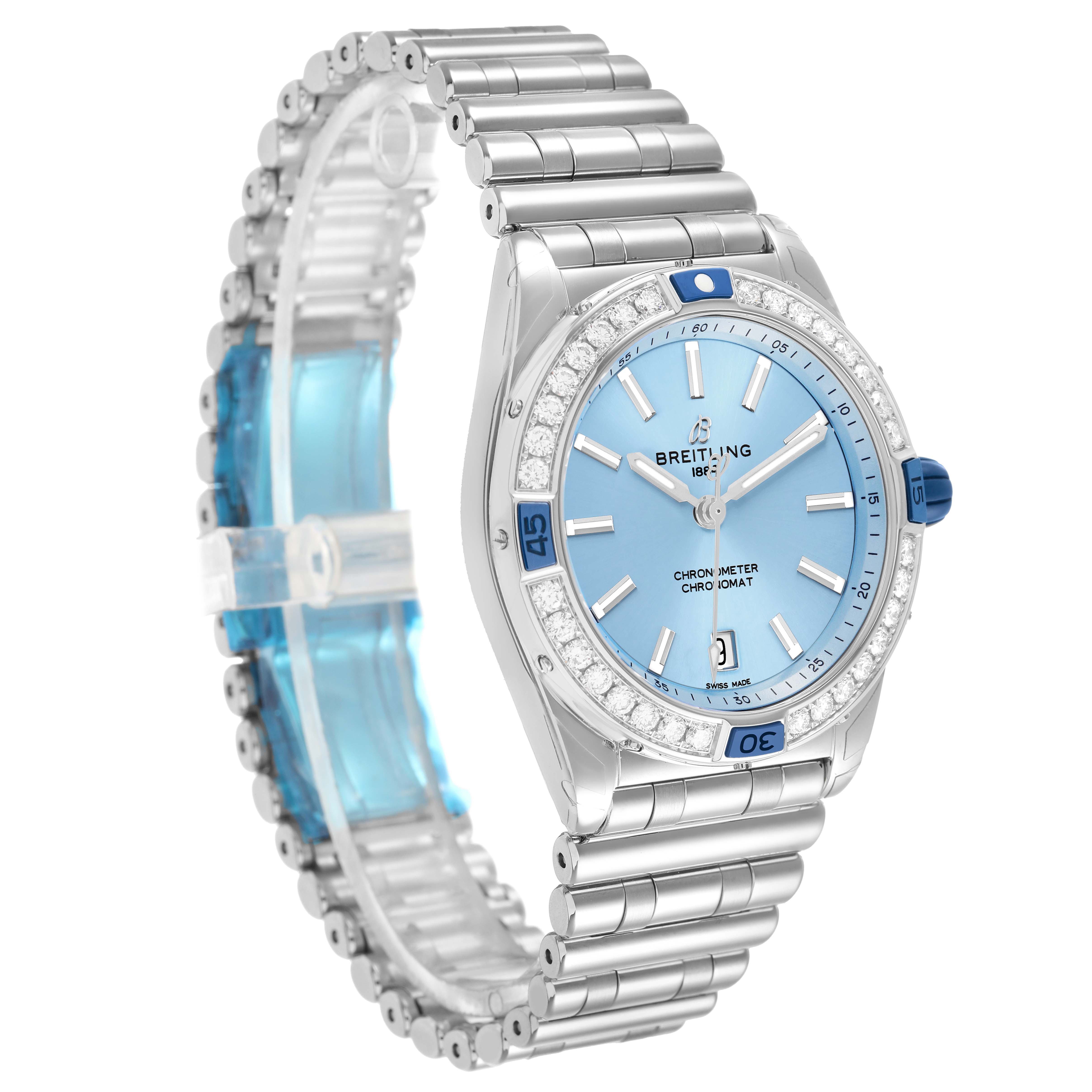 The Breitling A17356 Women's Stainless Steel Blue Dial Super Chronomat Blue Dial Steel Diamond Ladies Watch A17356 is shown at a front-side angle, highlighting the dial, bezel, and bracelet.