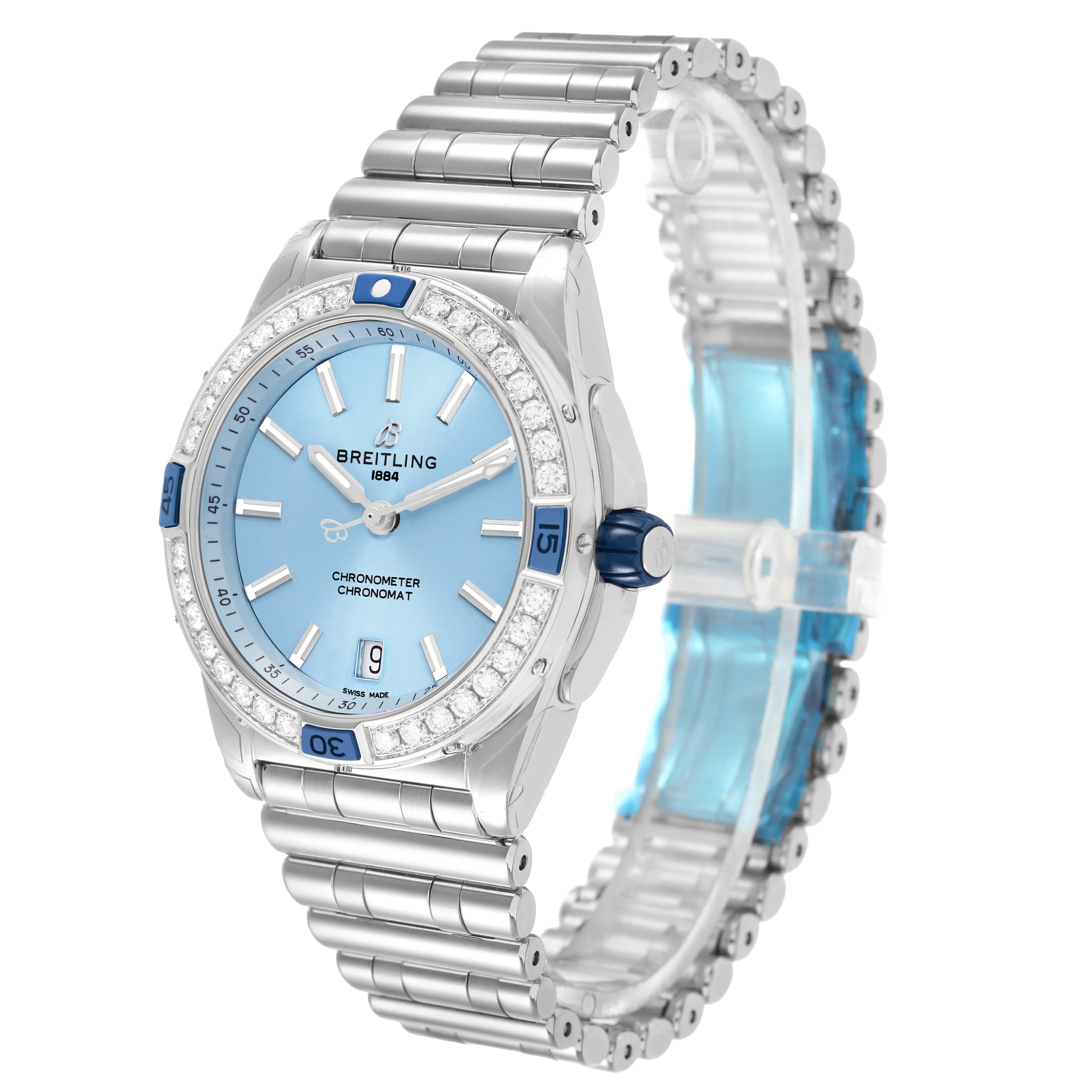 The Breitling A17356 Women's Stainless Steel Blue Dial Super Chronomat Blue Dial Steel Diamond Ladies Watch is shown from a slightly angled side view, highlighting the face, bezel, and bracelet.