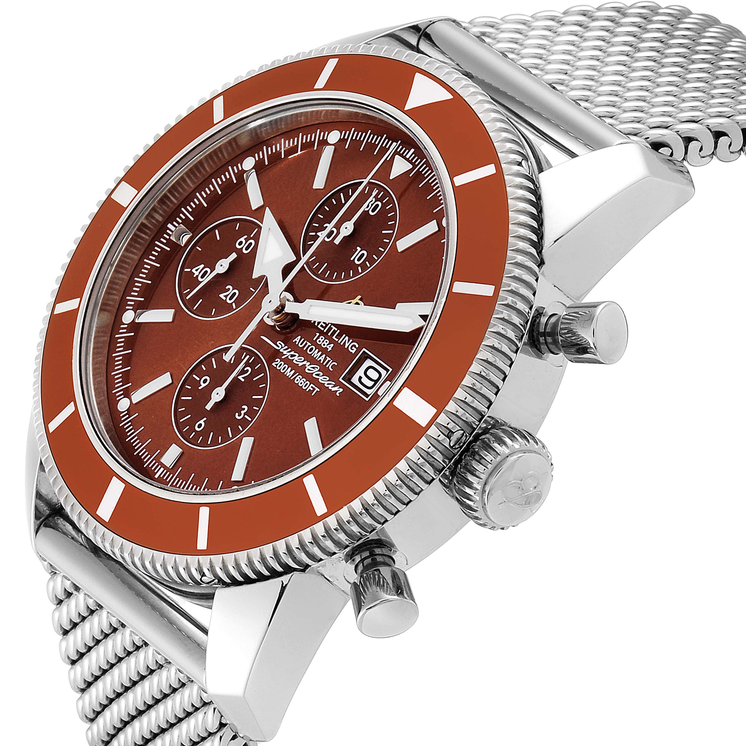 This Breitling Superocean A13320 Men
s Stainless Steel Brown Dial A13320 Men
s Stainless Steel Brown Dial watch is pictured at an angle, showing the face, bezel, pushers, and part of the bracelet.