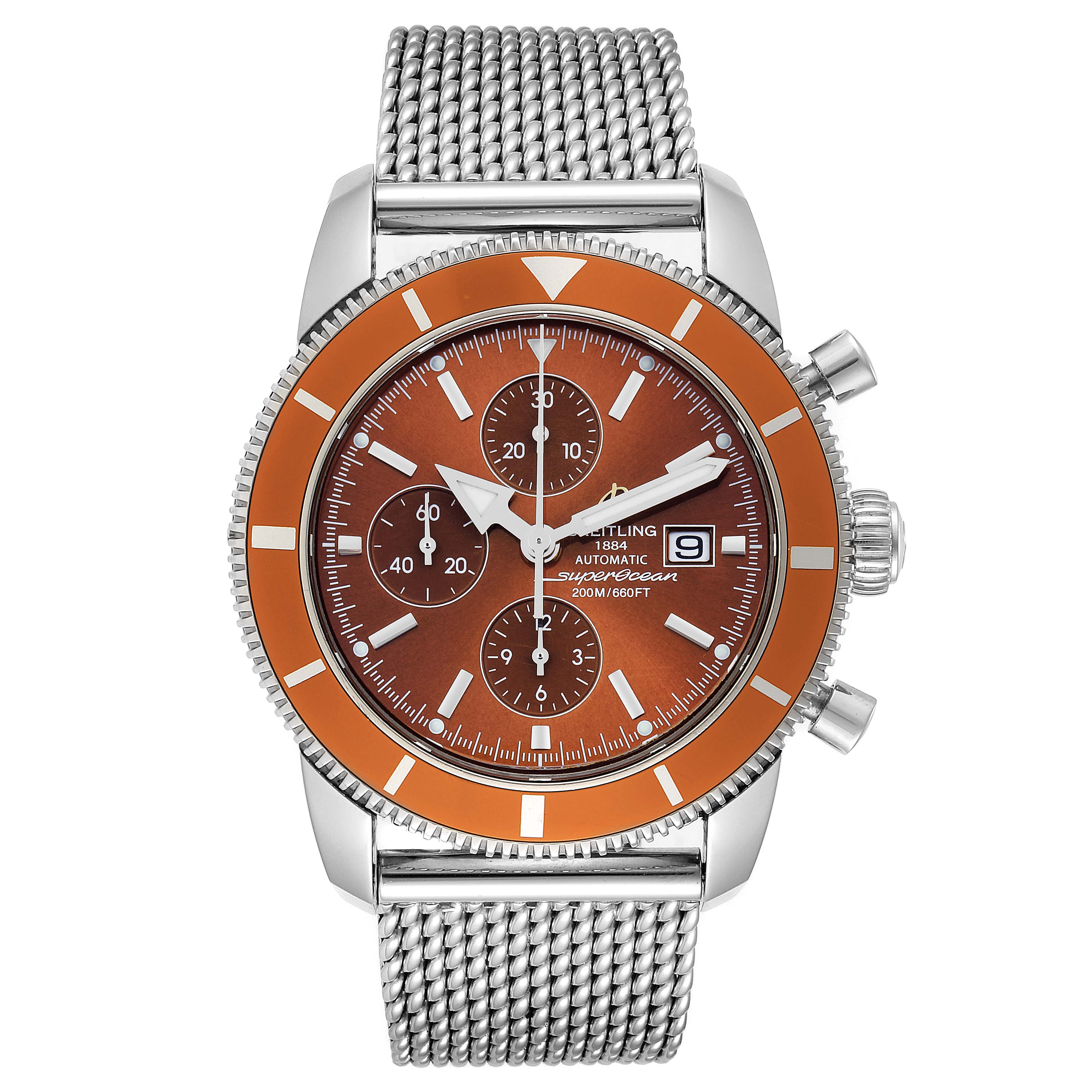 The image shows a Breitling Superocean A13320 Men
s Stainless Steel Brown Dial A13320 Men
s Stainless Steel Brown Dial watch from the front, featuring an orange bezel, a brown dial, and a metal mesh strap.