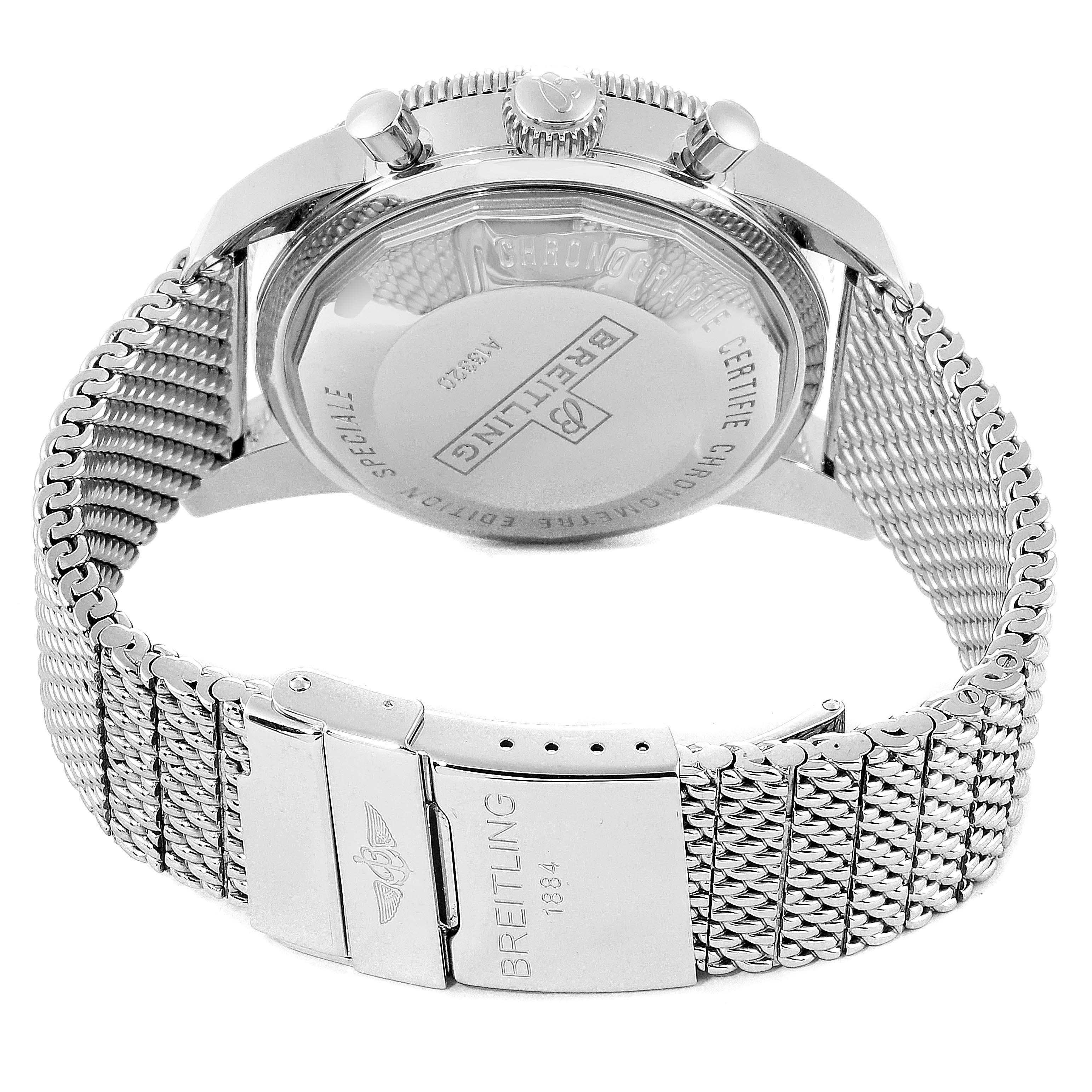 The image shows the side and back of a Breitling Superocean A13320 Men
s Stainless Steel Brown Dial A13320 Men
s Stainless Steel Brown Dial watch, focusing on its stainless steel case, mesh bracelet, and clasp.