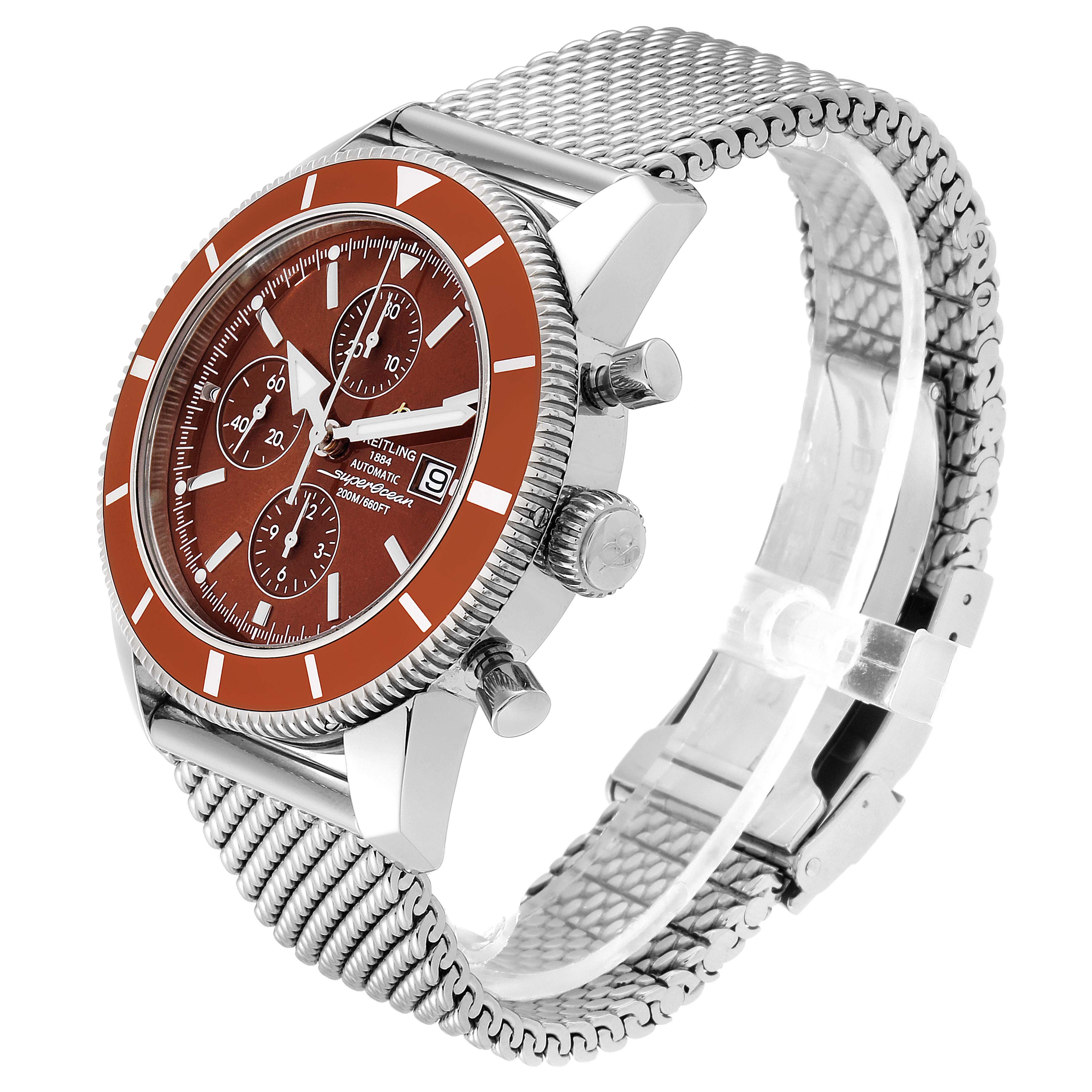 The Breitling Superocean A13320 Men
s Stainless Steel Brown Dial A13320 Men
s Stainless Steel Brown Dial watch is shown at a three-quarter angle, highlighting the dial, bezel, pushers, and mesh bracelet.