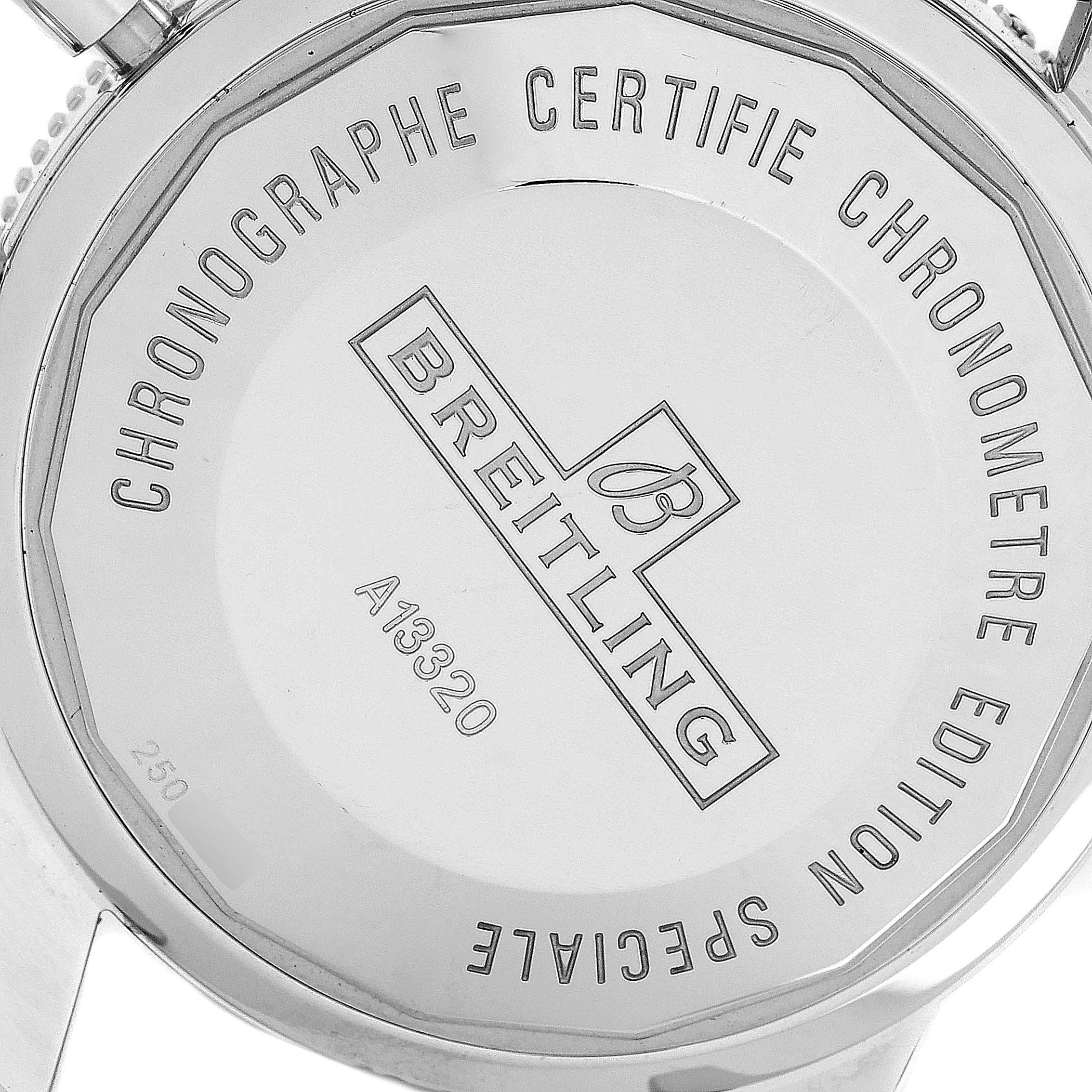 This image shows the back case of a Breitling Superocean A13320 Men
s Stainless Steel Brown Dial A13320 Men
s Stainless Steel Brown Dial watch, featuring engraving details.