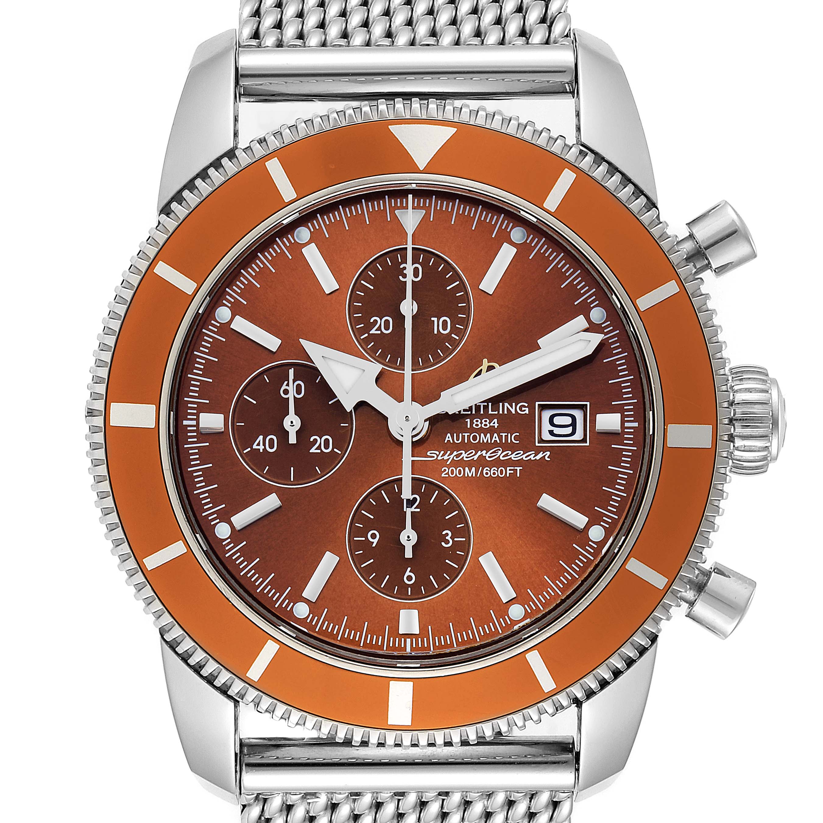 The image shows a front view of a Breitling Superocean A13320 Men
s Stainless Steel Brown Dial A13320 Men
s Stainless Steel Brown Dial watch, highlighting its orange bezel, chronograph dials, and mesh bracelet.