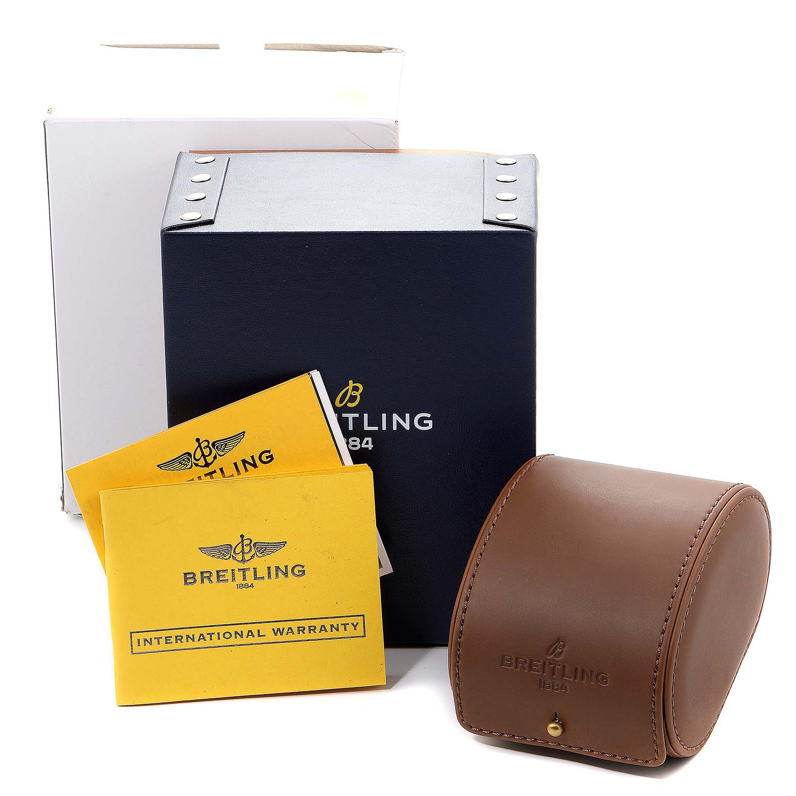 The image shows Breitling Superocean A13320 Men
s Stainless Steel Brown Dial A13320 Men
s Stainless Steel Brown Dial watch accessories including the box, leather case, and warranty booklets.