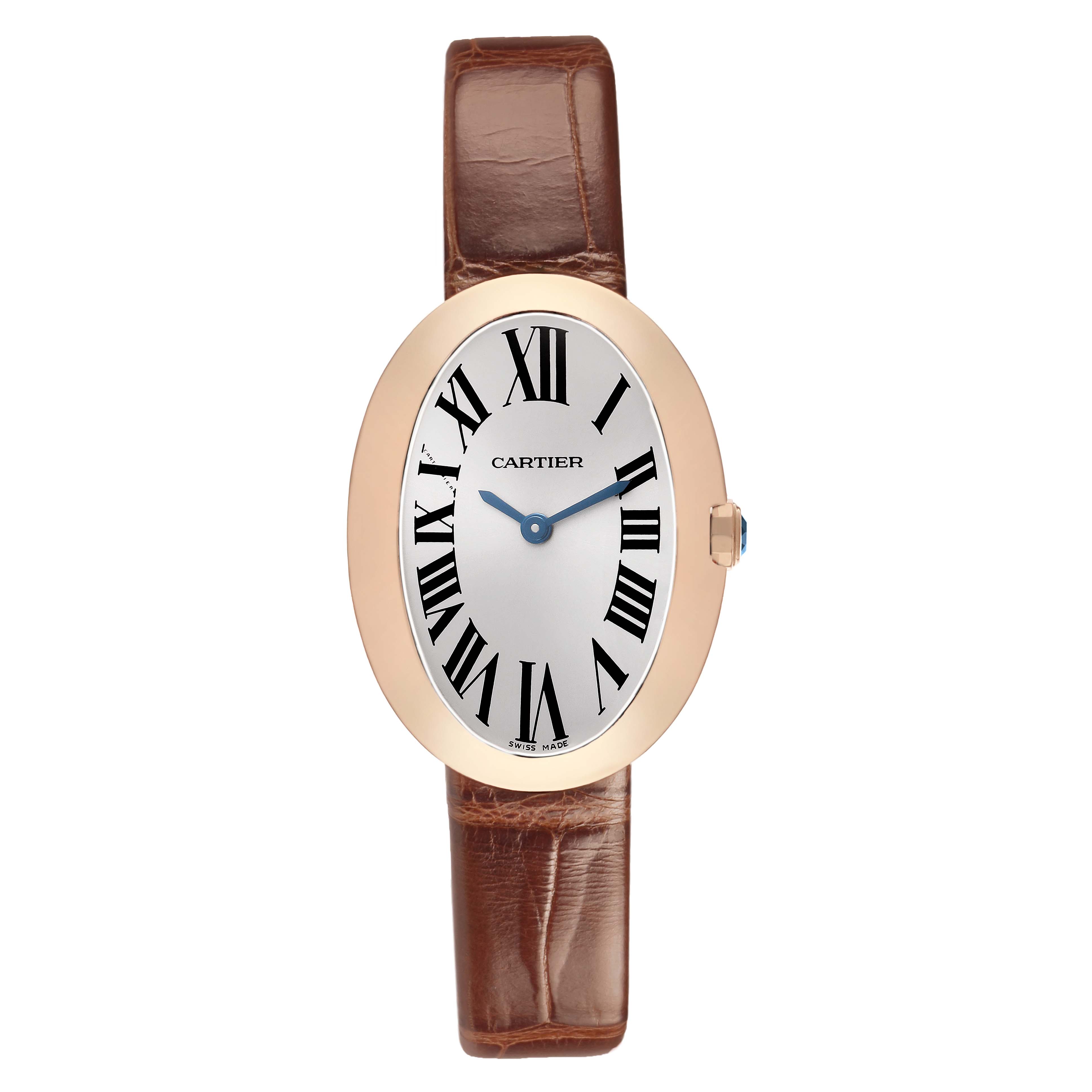 The Cartier Baignoire W8000007 Women's Rose Gold Silver Dial watch is shown from the front, featuring a leather strap and an oval face with Roman numerals.