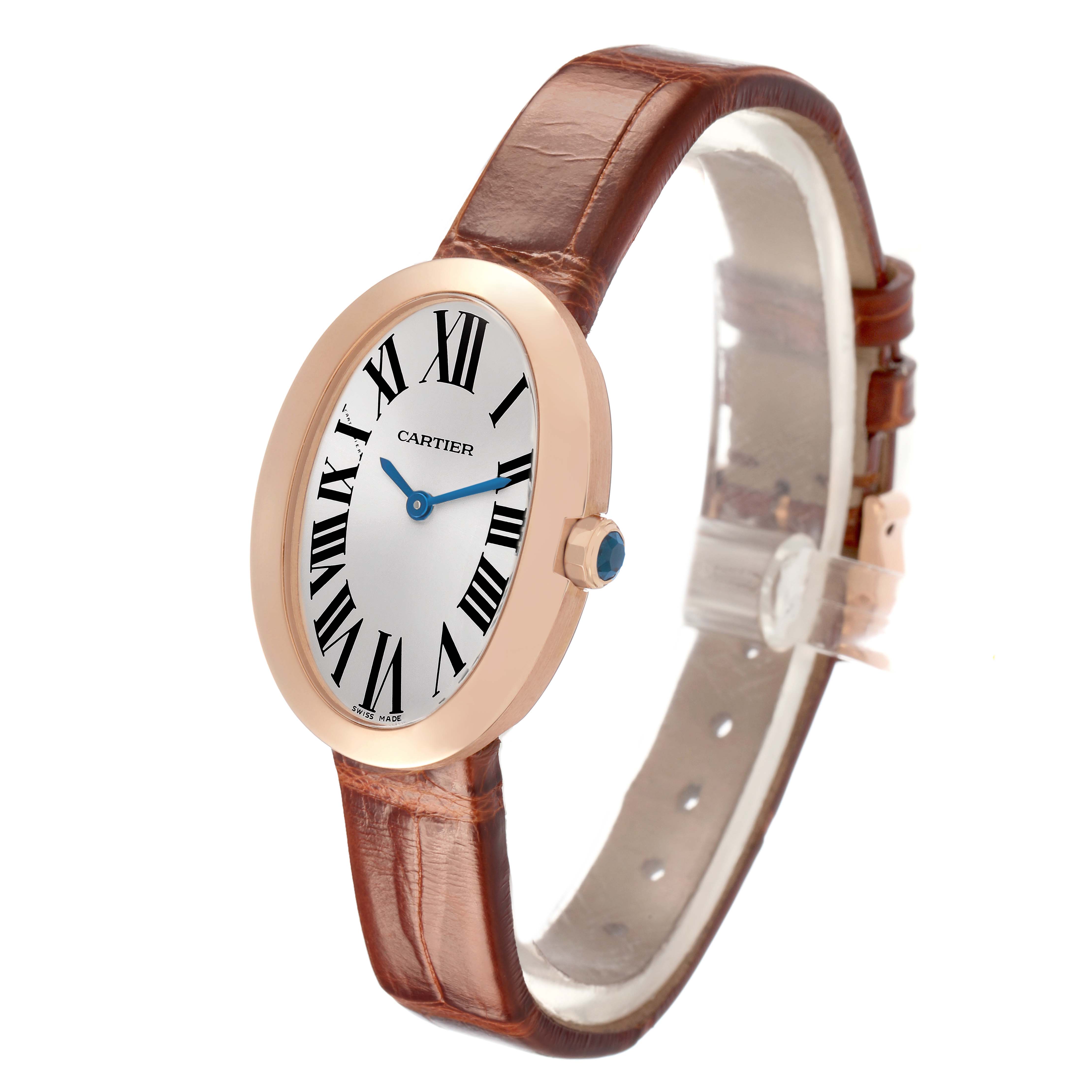 The Cartier Baignoire W8000007 Women's Rose Gold Silver Dial watch is shown at an angled side view, highlighting its oval face, Roman numerals, and brown leather strap.