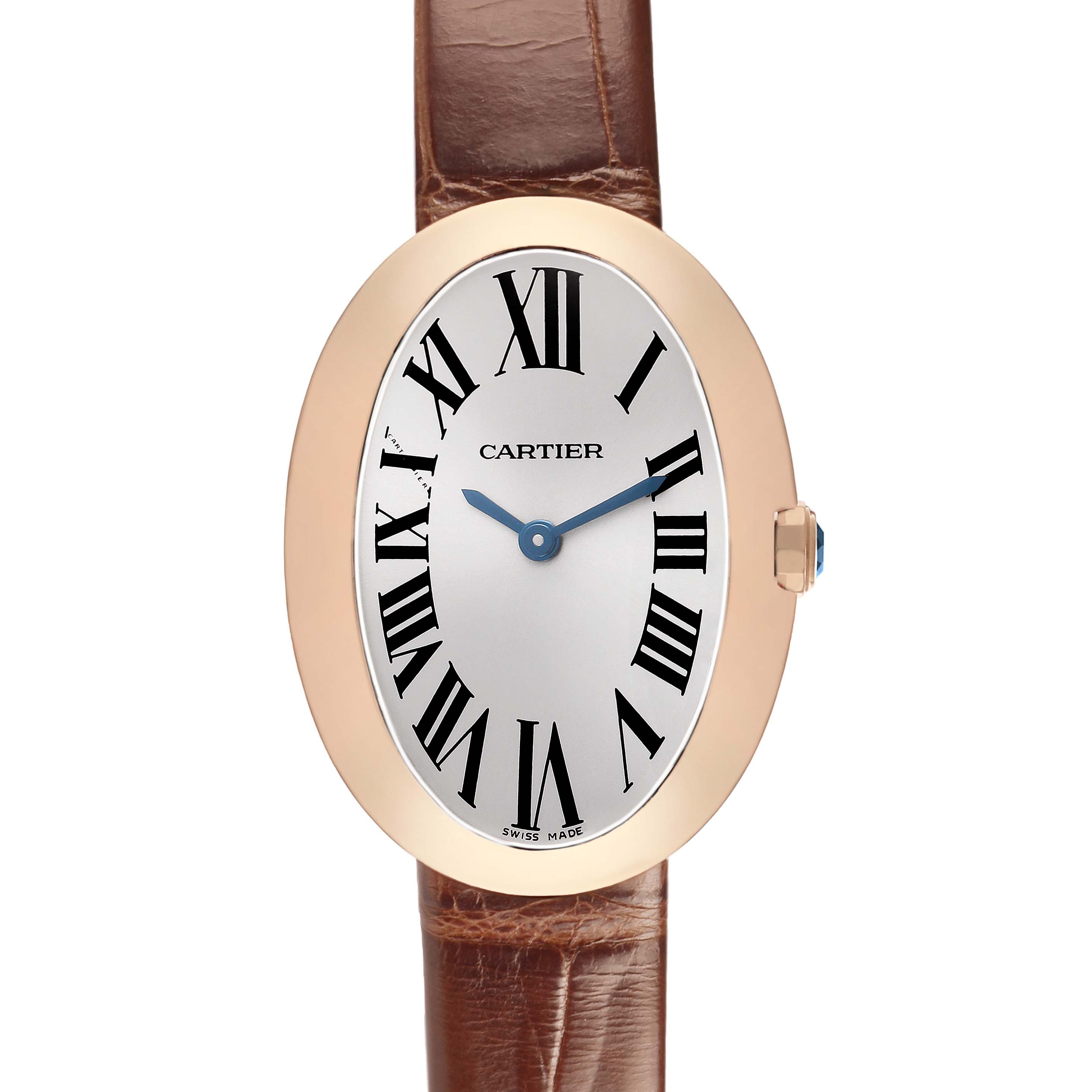 The Cartier Baignoire W8000007 Women's Rose Gold Silver Dial watch is shown from a front angle, highlighting the oval face, Roman numerals, and leather strap.