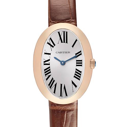 The Cartier Baignoire W8000007 Womens Rose Gold Silver Dial watch is shown from the front, highlighting its oval face, Roman numerals, and leather strap.