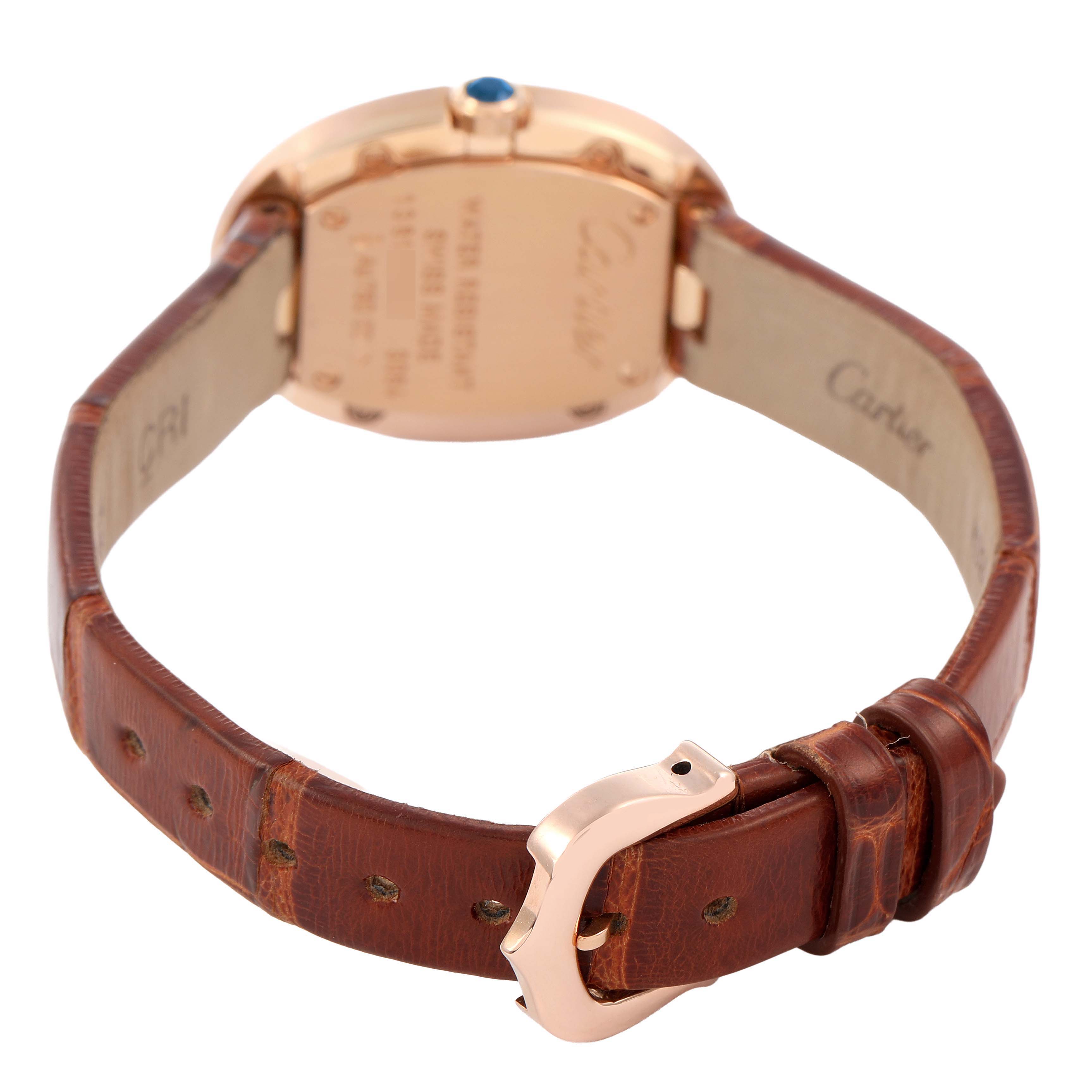 The image shows the back view of the Cartier Baignoire W8000007 Women's Rose Gold Silver Dial model, highlighting the clasp, strap, and caseback details.