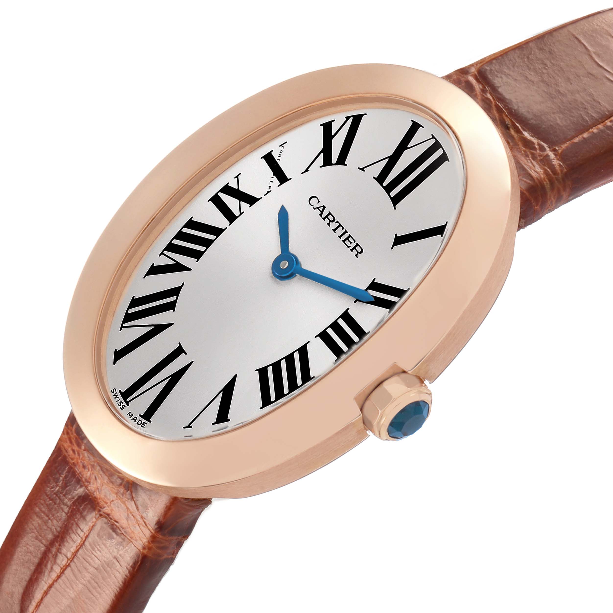 The Cartier Baignoire W8000007 Women's Rose Gold Silver Dial watch is shown from an angled side view, highlighting its oval face, Roman numerals, blue hands, crown, and leather strap.