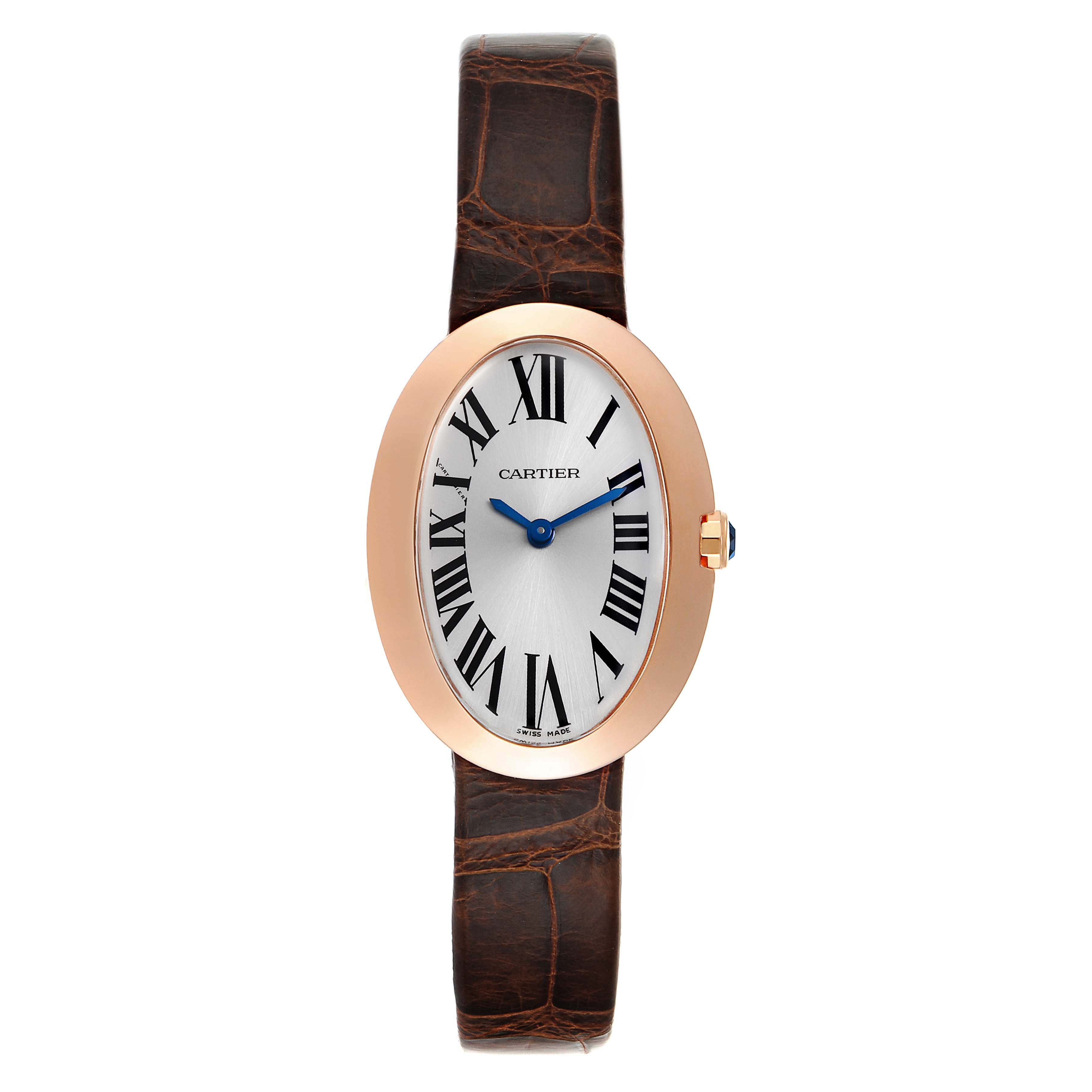 The image shows a Cartier Baignoire W8000007 Women's Rose Gold Silver Dial W8000007 Women's Rose Gold Silver Dial watch from a front angle, highlighting its oval face, Roman numerals, and leather strap.