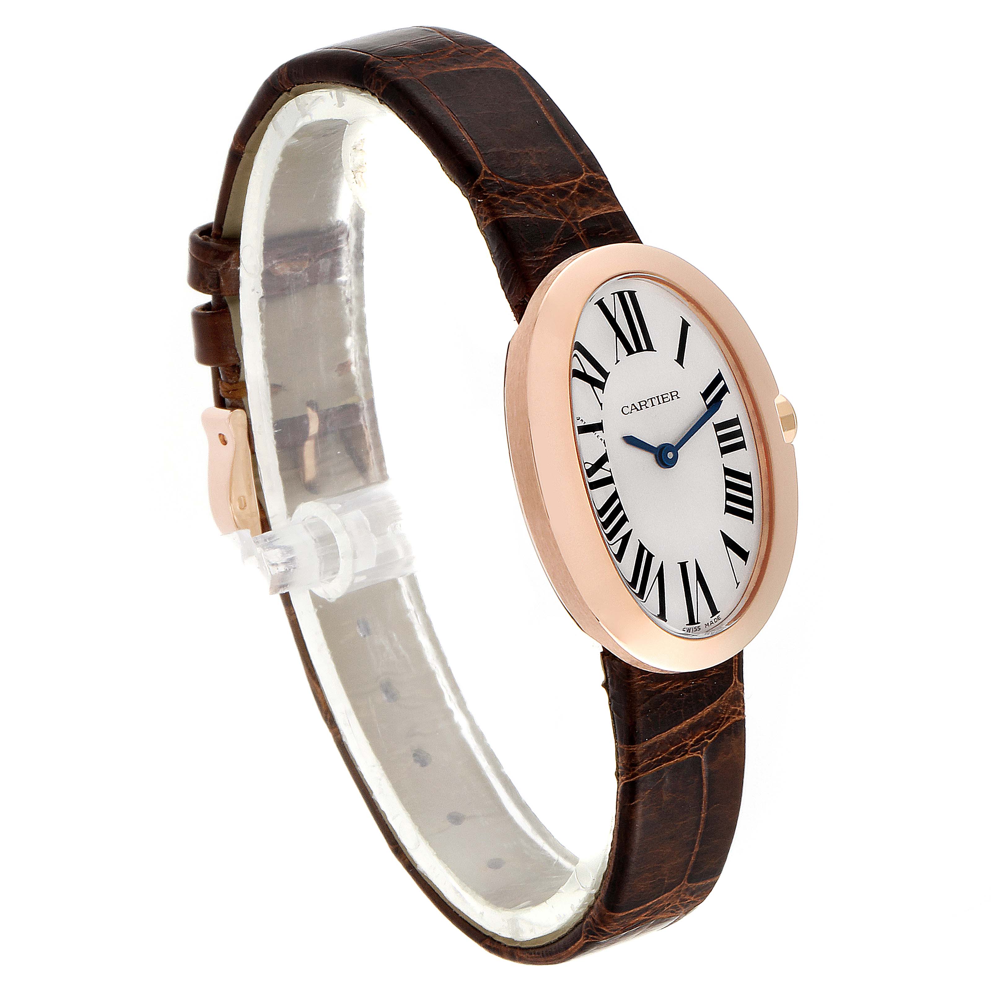 The image shows a Cartier Baignoire W8000007 Women's Rose Gold Silver Dial W8000007 Women's Rose Gold Silver Dial watch at a three-quarter side angle, highlighting the oval face, brown leather strap, and gold bezel.