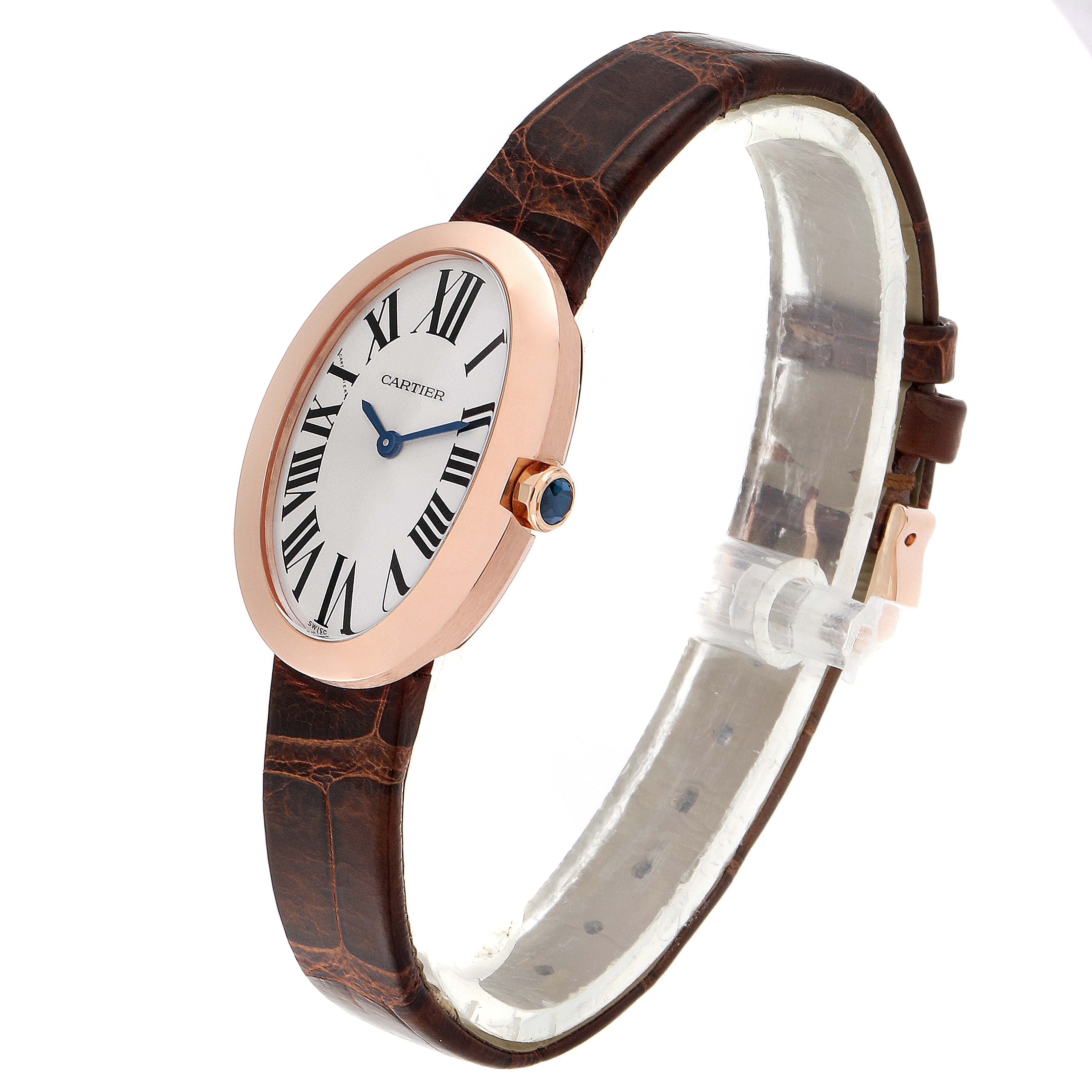 The image shows a Cartier Baignoire W8000007 Women's Rose Gold Silver Dial W8000007 Women's Rose Gold Silver Dial watch at an angled view, highlighting its oval face, crown, and leather strap.