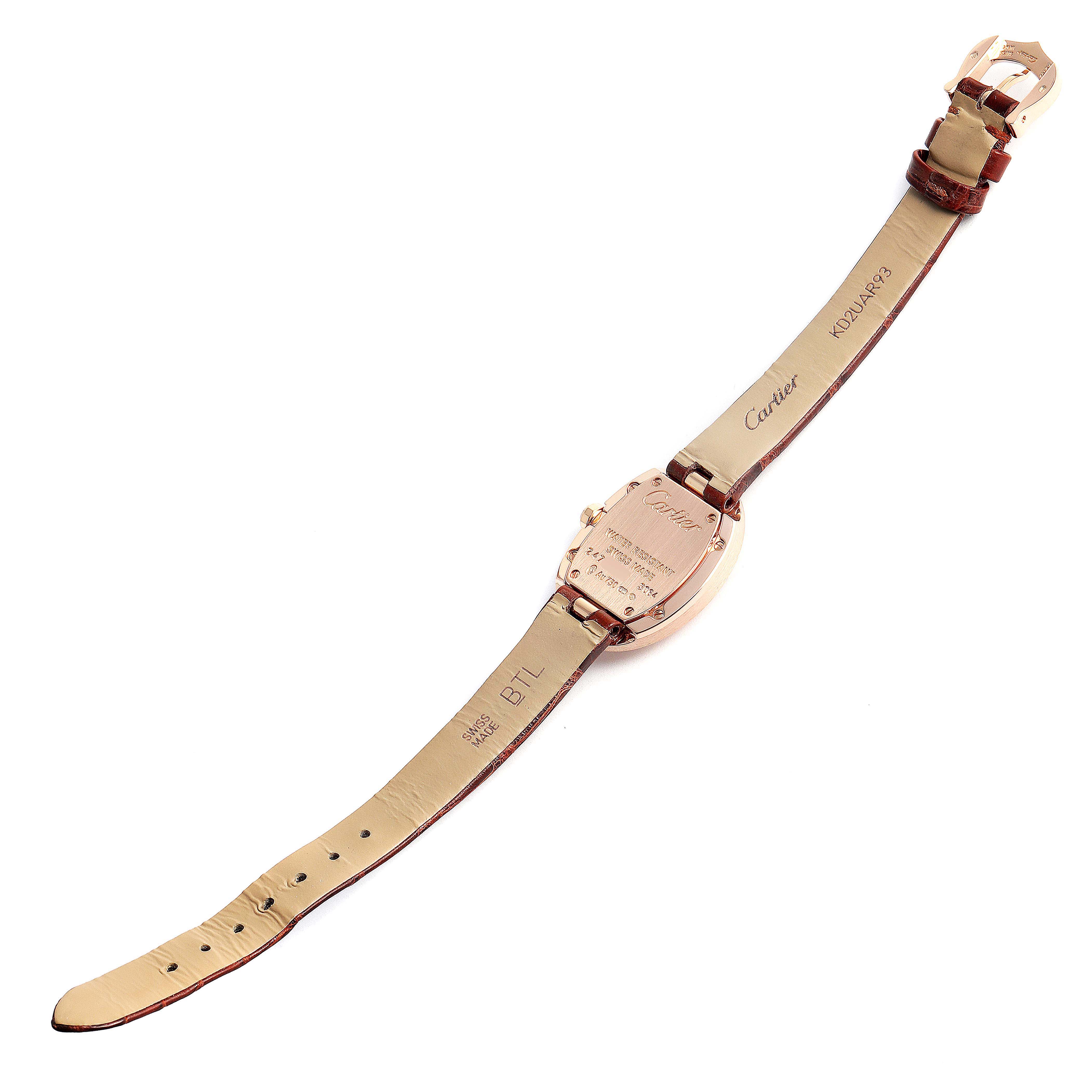 This image shows the back of the Cartier Baignoire W8000007 Women's Rose Gold Silver Dial W8000007 Women's Rose Gold Silver Dial watch, displaying the leather strap and buckle from an overhead angle.