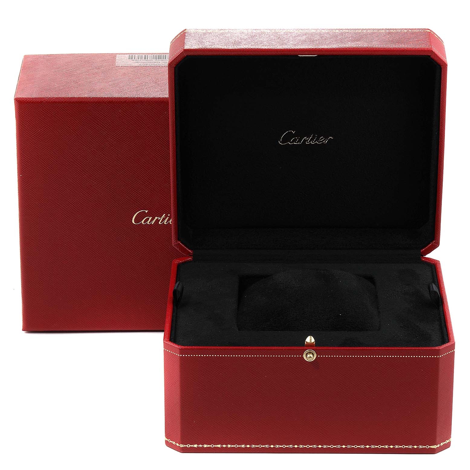 The image shows the opened and closed presentation box for the Baignoire model by Cartier.
