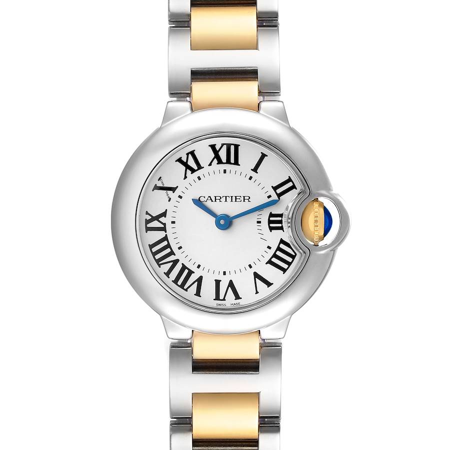The Cartier Ballon Bleu W69007Z3 Women's Stainless Steel Silver Dial watch is shown from a top view, highlighting the face, Roman numerals, and two-tone bracelet.