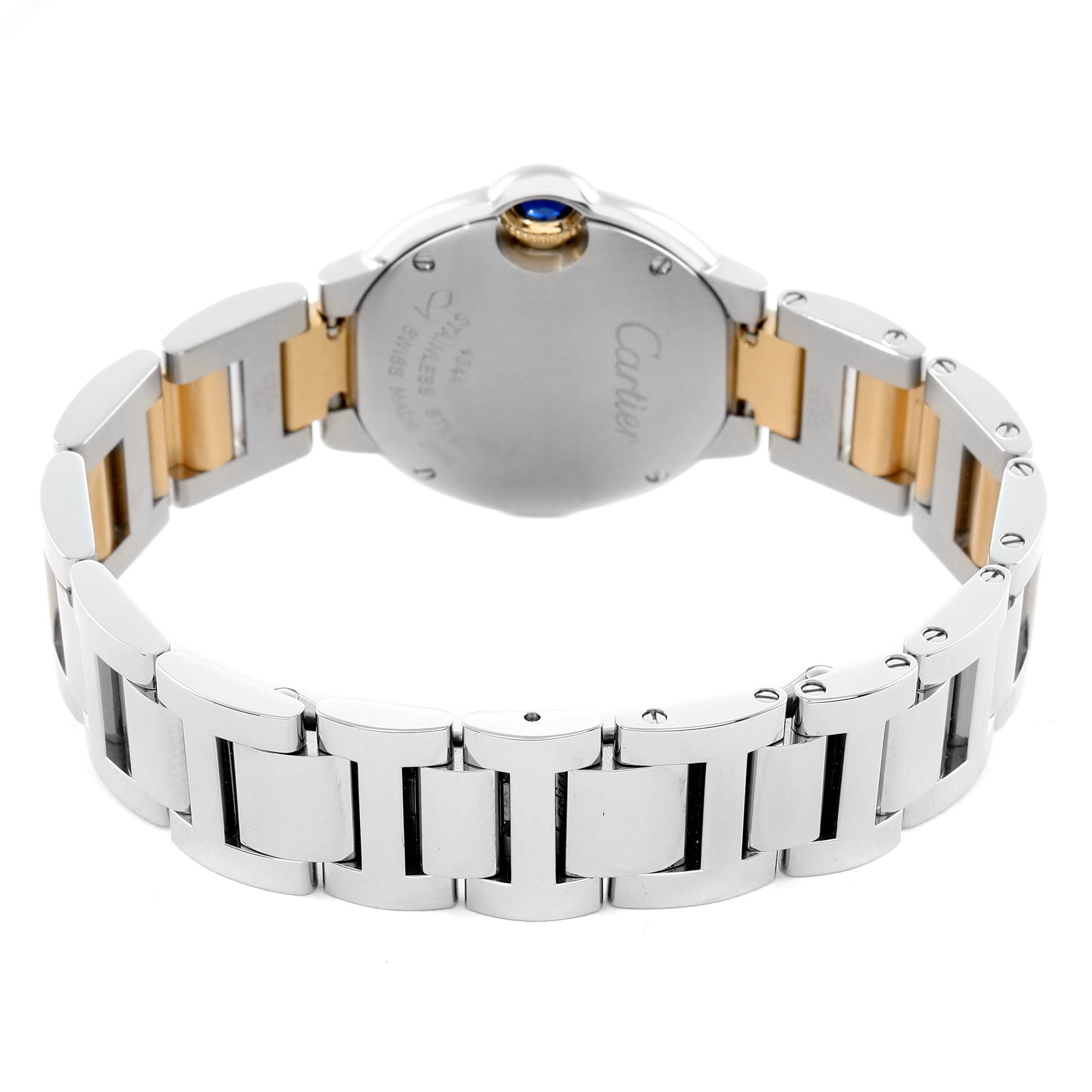 The image shows the back view of a Cartier Ballon Bleu W69007Z3 Women's Stainless Steel Silver Dial watch, highlighting its metal bracelet and case back.