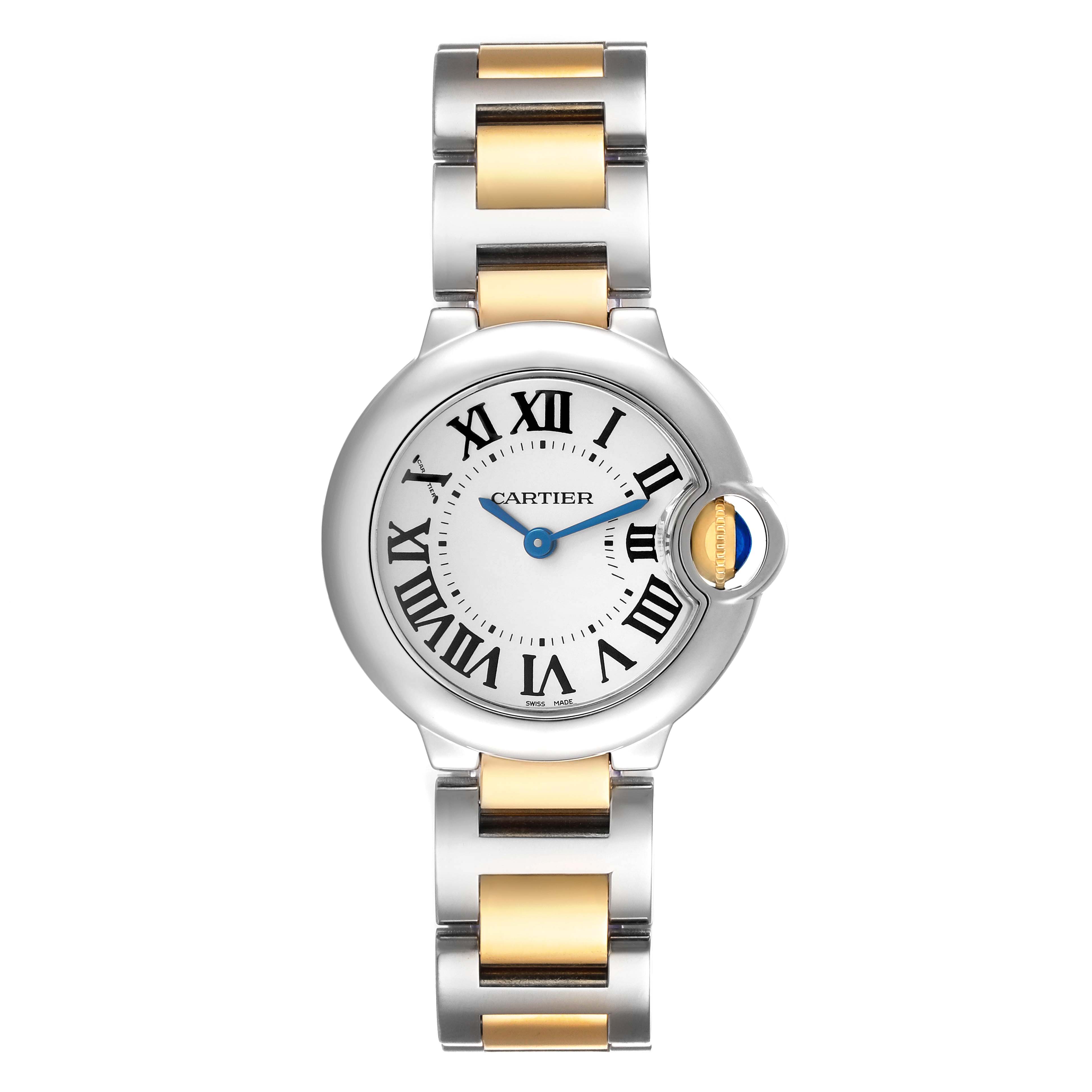 The Cartier Ballon Bleu W69007Z3 Women's Stainless Steel Silver Dial watch is shown in a front view, highlighting its round dial, Roman numerals, and two-tone bracelet.