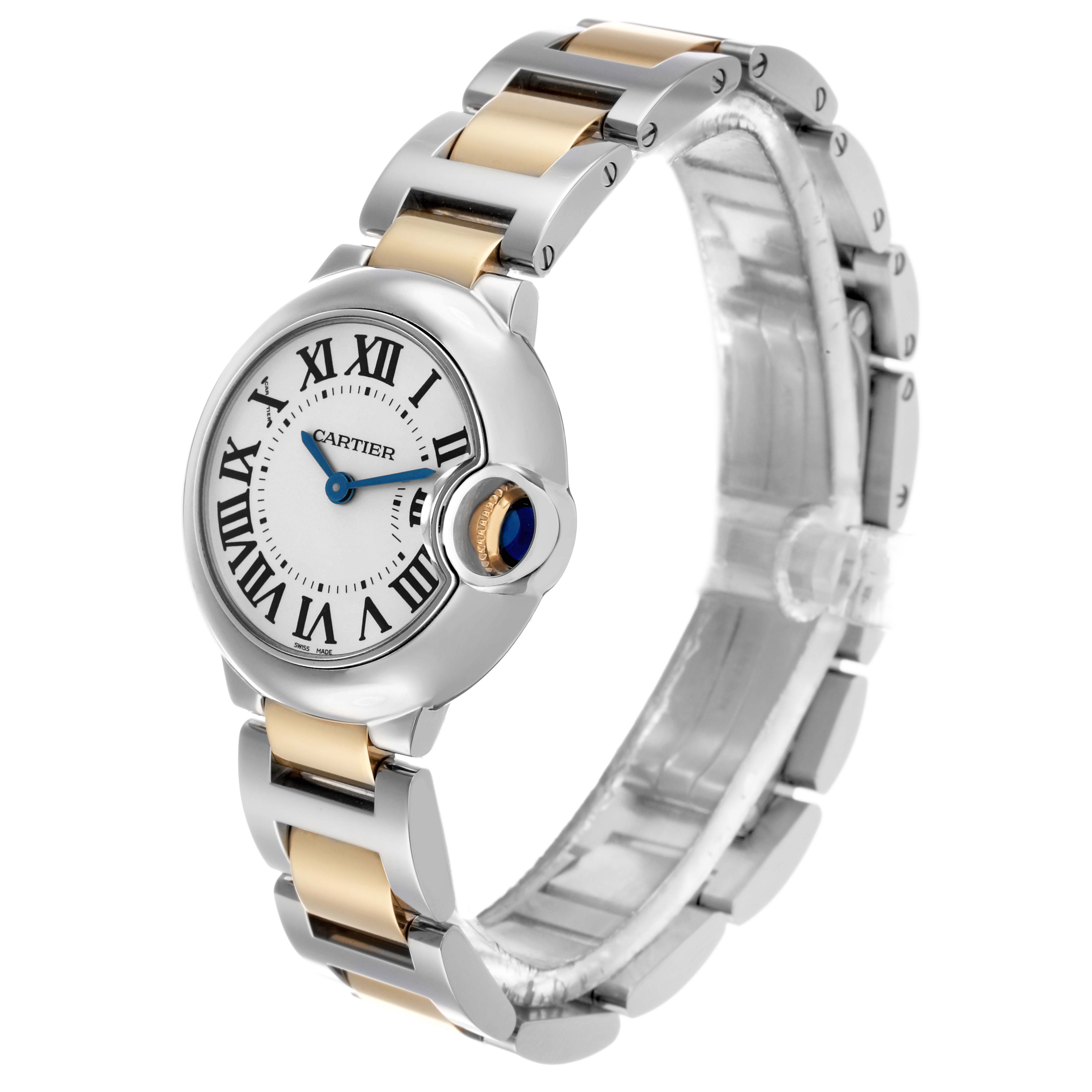 The Cartier Ballon Bleu W69007Z3 Women's Stainless Steel Silver Dial watch is shown at an angled side view, revealing its dial, crown, and two-tone bracelet.