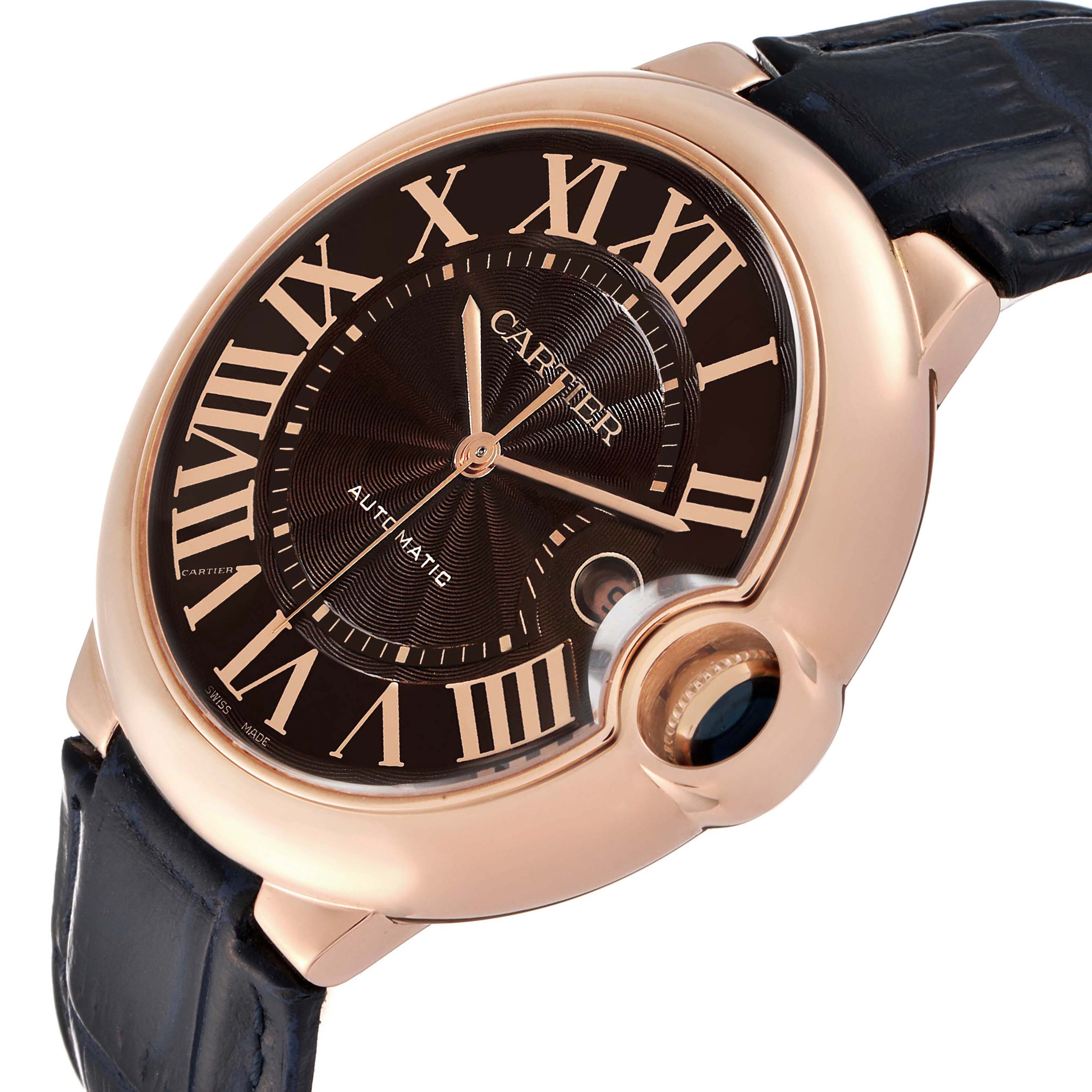 This image shows a close-up angled view of a Cartier Ballon Bleu W6920037 Men's Rose Gold Brown Dial W6920037 Men's Rose Gold Brown Dial model watch, highlighting the dial and crown.