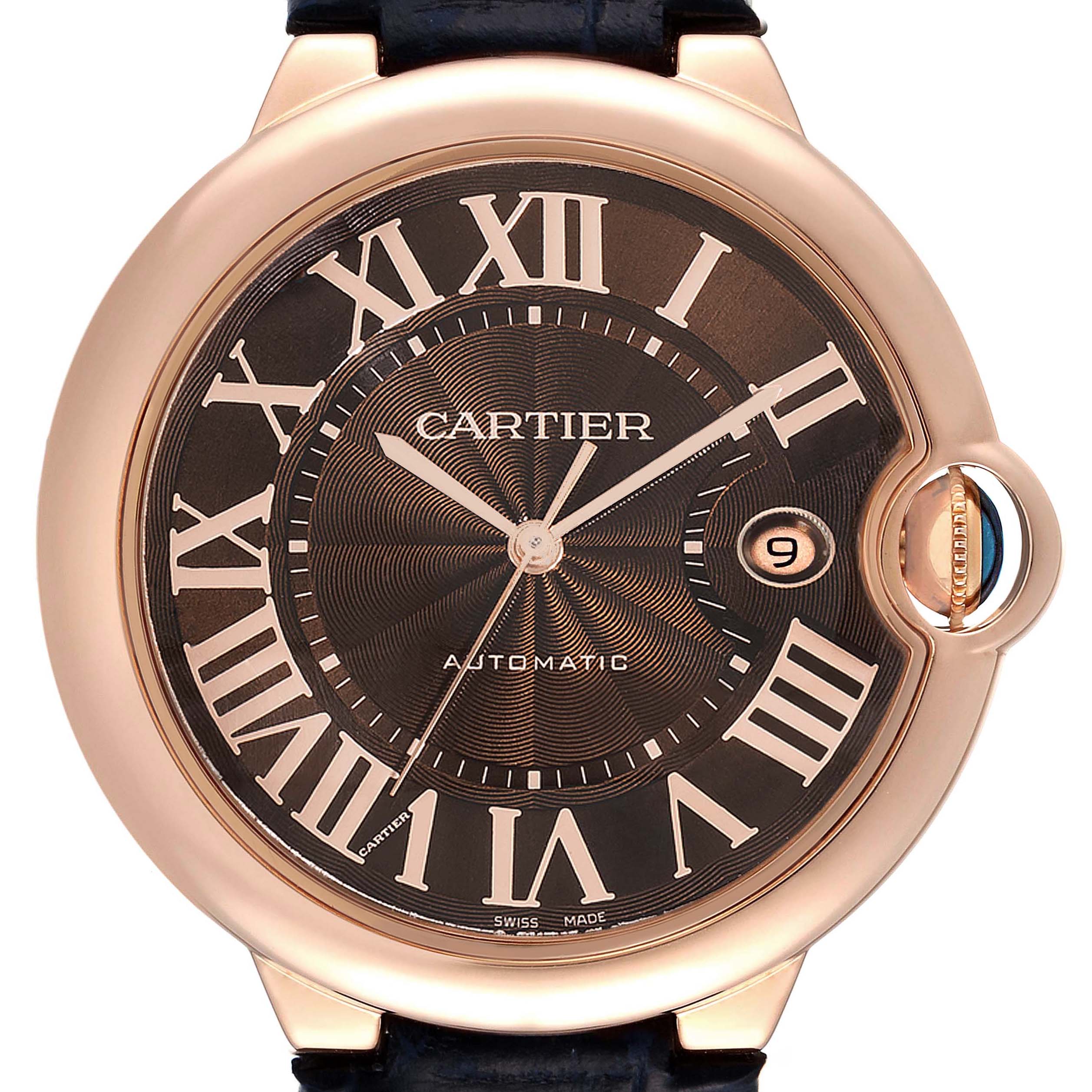 The image shows a close-up of the Cartier Ballon Bleu W6920037 Men's Rose Gold Brown Dial W6920037 Men's Rose Gold Brown Dial watch face, highlighting Roman numerals, hands, and date window.