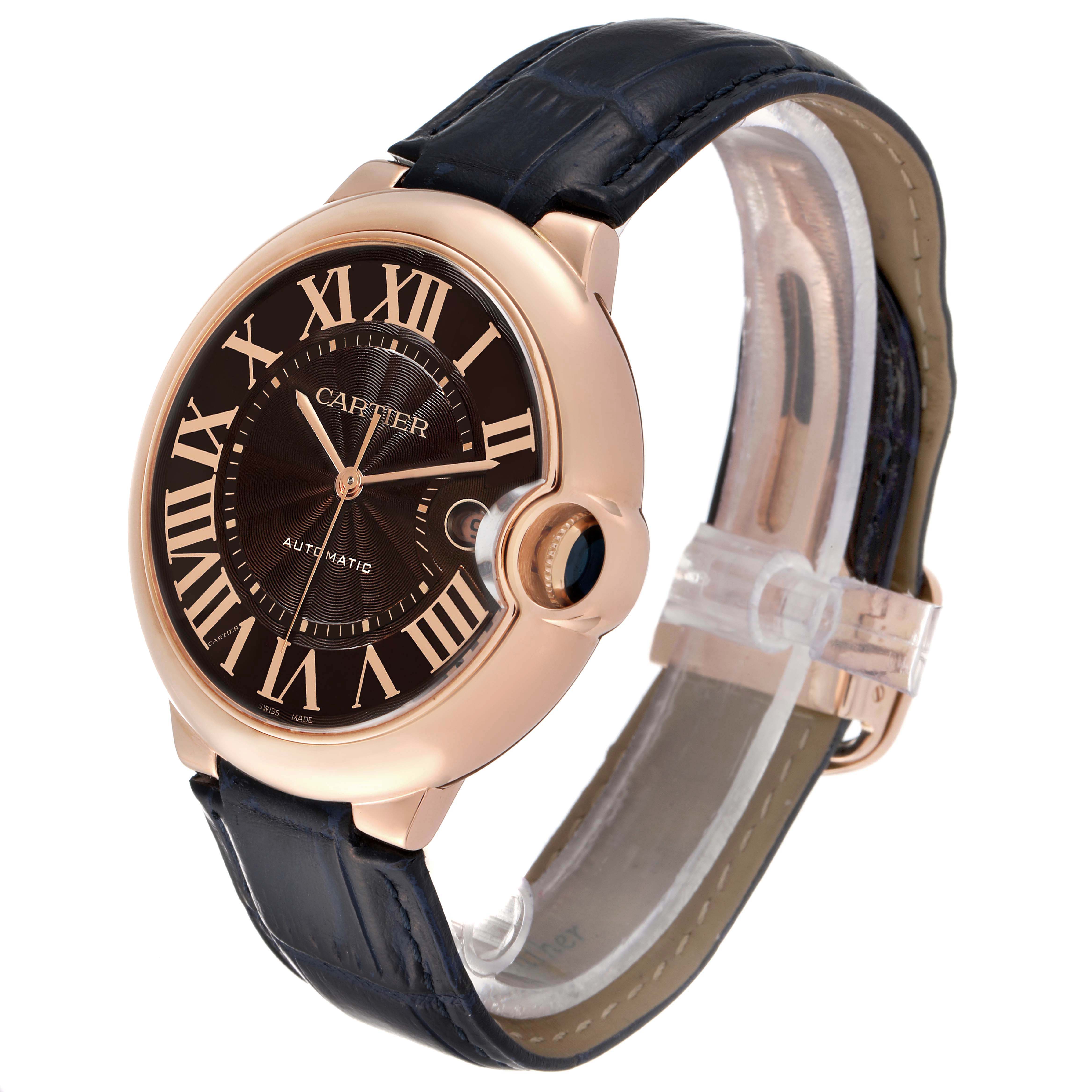 The image shows a Cartier Ballon Bleu W6920037 Men's Rose Gold Brown Dial W6920037 Men's Rose Gold Brown Dial watch from a front angle, displaying the face, bezel, crown, and leather strap.