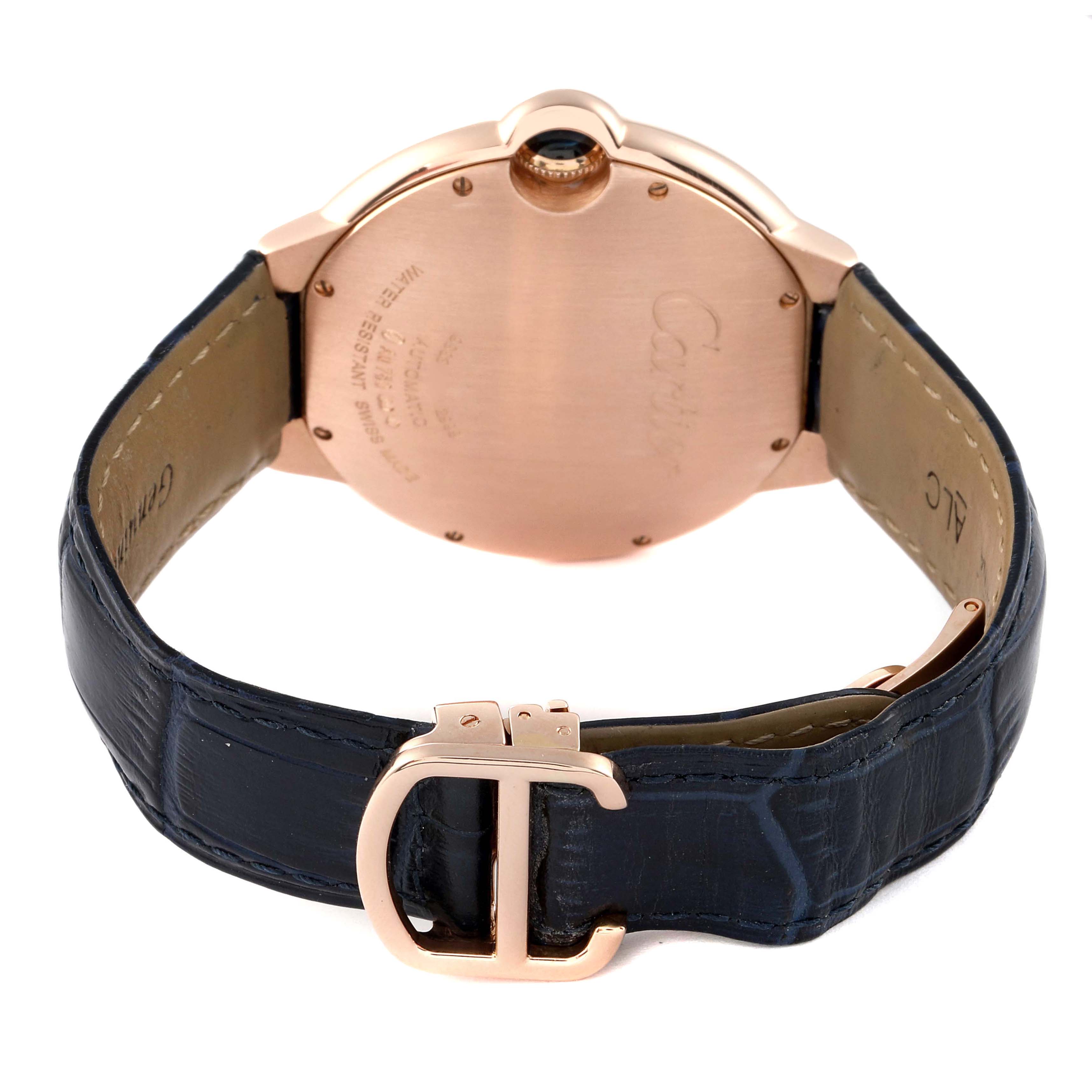 The image shows the back view of a Cartier Ballon Bleu W6920037 Men's Rose Gold Brown Dial W6920037 Men's Rose Gold Brown Dial watch, highlighting the case back and the leather strap with a buckle.