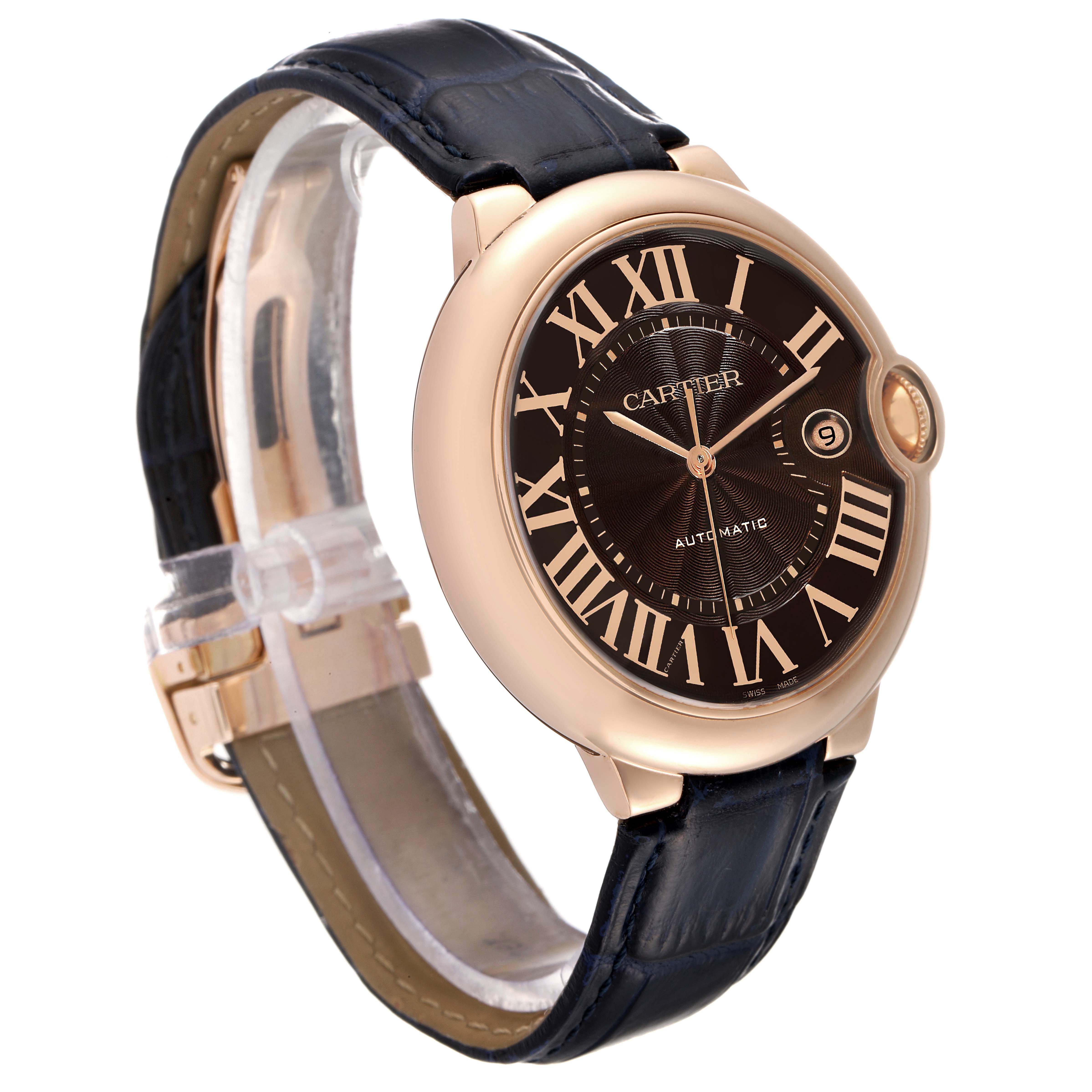 The image shows a Cartier Ballon Bleu W6920037 Men's Rose Gold Brown Dial W6920037 Men's Rose Gold Brown Dial watch at an angled view, highlighting its face, strap, and clasp.