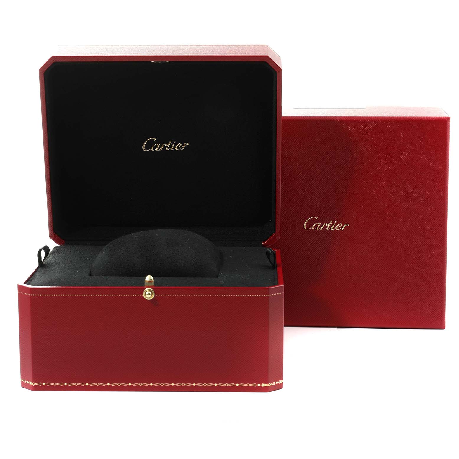 This image shows the open and closed red packaging box for a Cartier Ballon Bleu W6920037 Men's Rose Gold Brown Dial W6920037 Men's Rose Gold Brown Dial model watch.
