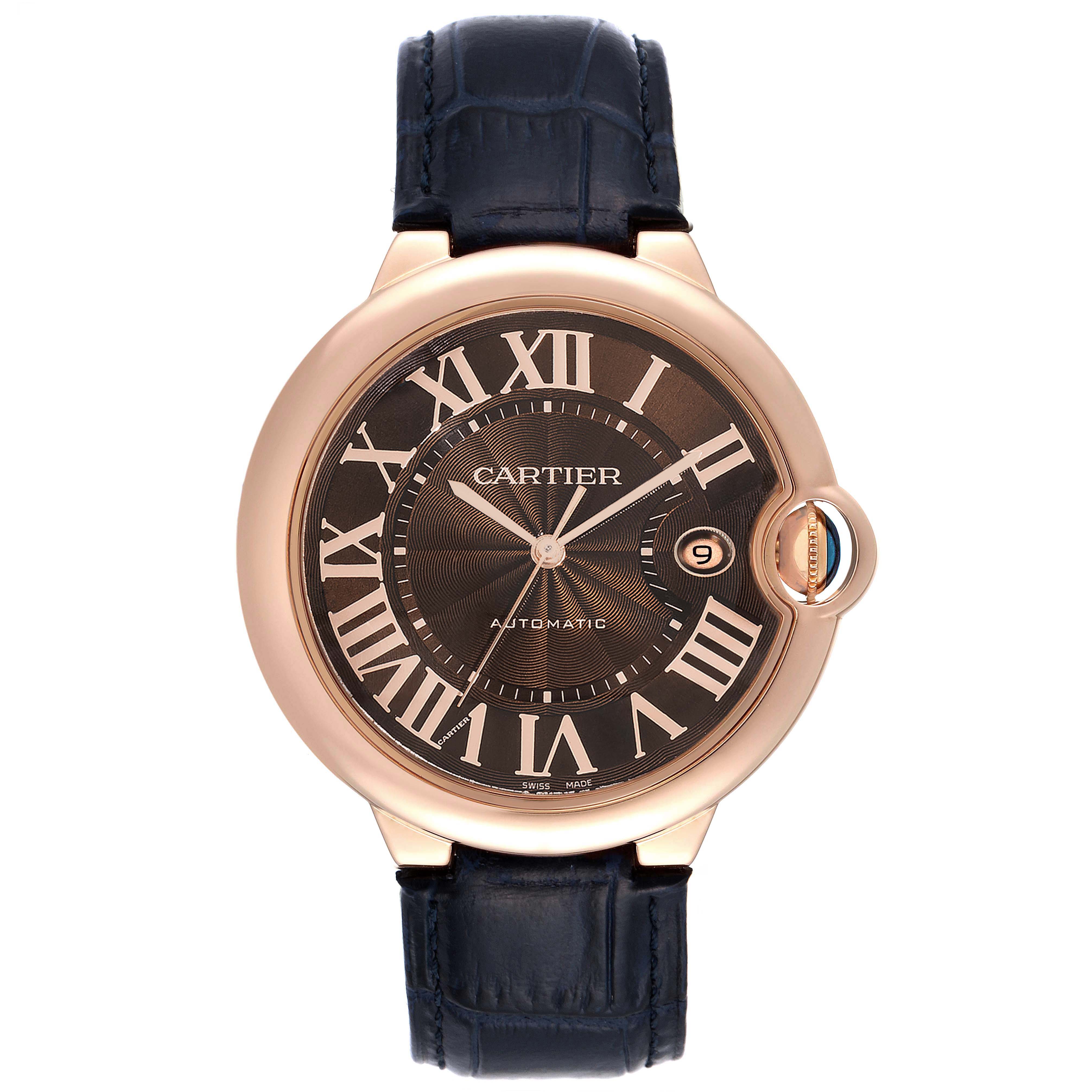 This Cartier Ballon Bleu W6920037 Men's Rose Gold Brown Dial W6920037 Men's Rose Gold Brown Dial watch is shown from the front, displaying its dial, hands, case, crown, and strap.