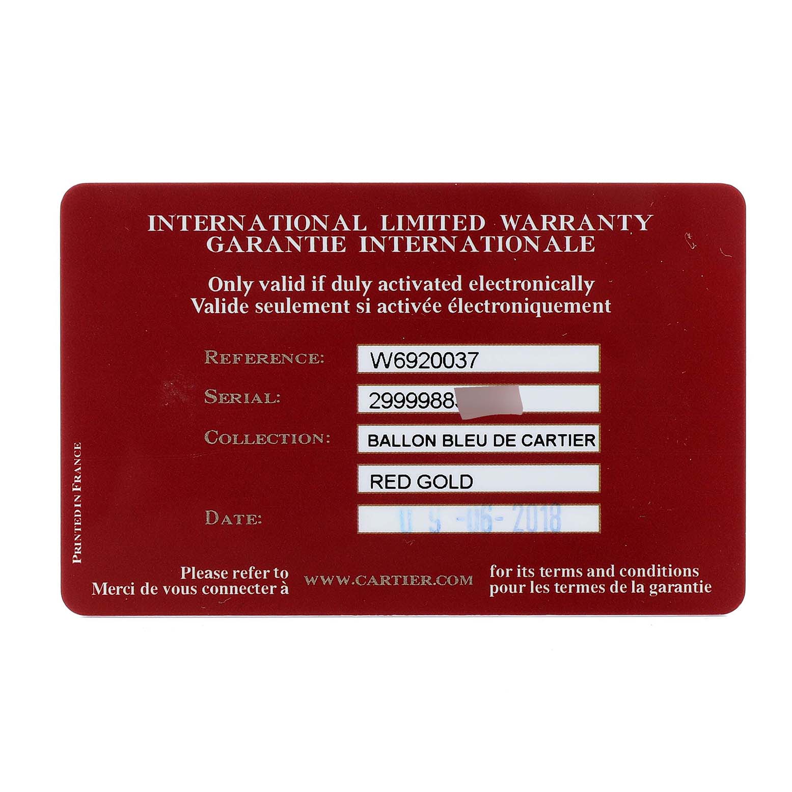 This image shows the international limited warranty card for the Ballon Bleu de Cartier watch, detailing the reference and serial numbers, and collection type.