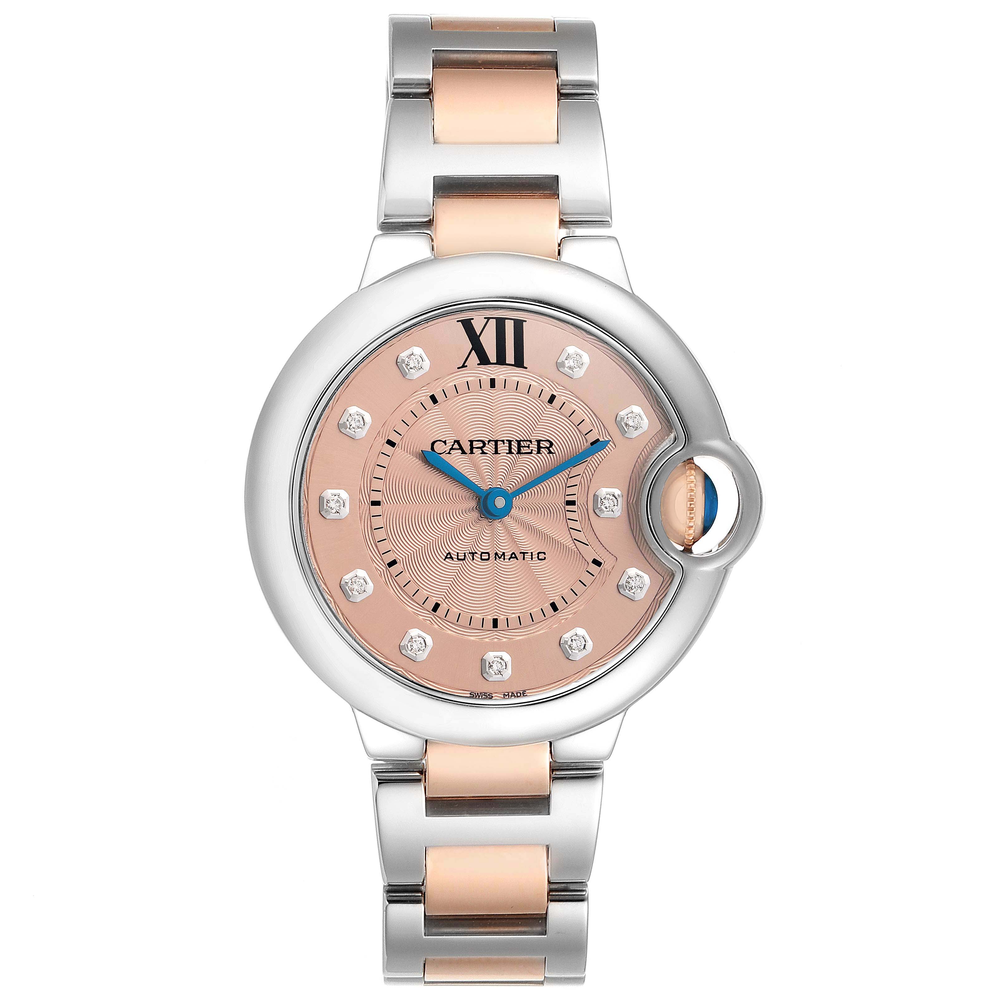 The Cartier Ballon Bleu WE902053 Women's Steel and Gold (two tone) Pink Dial watch is shown from the front, featuring its dial, case, and bracelet.